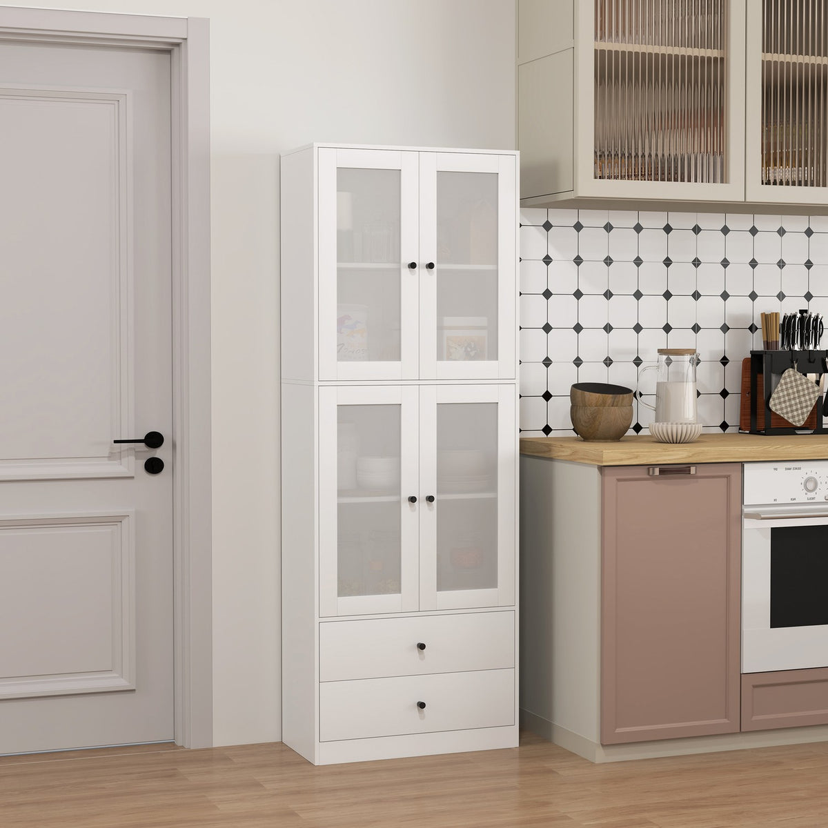 Kitchen cabinet, tall cabinet with drawer, adjustable shelves, kitchen buffet with 2 cabinet compartments for living room, dining room, 59 x 30 x 170 cm, white