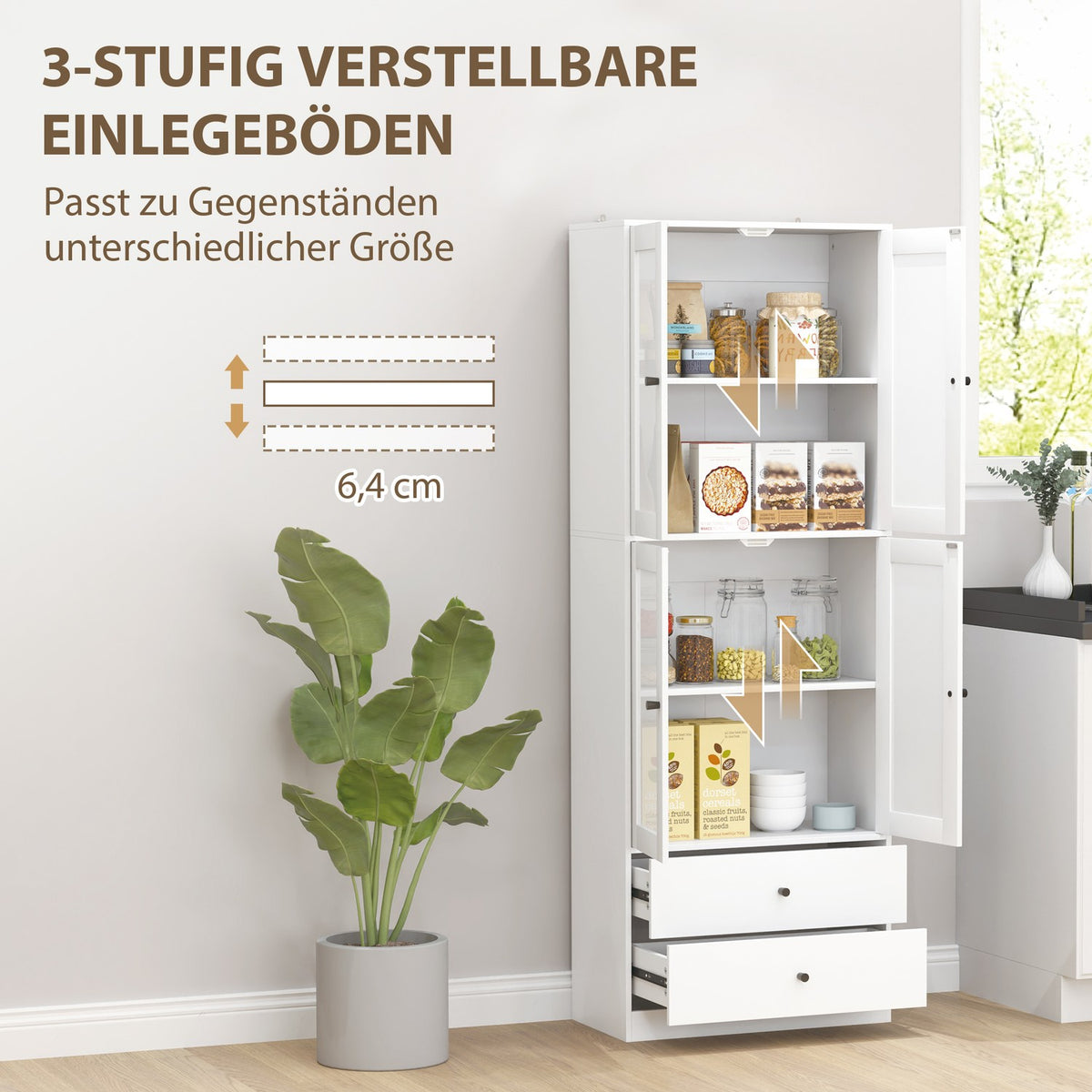 Kitchen cabinet, tall cabinet with drawer, adjustable shelves, kitchen buffet with 2 cabinet compartments for living room, dining room, 59 x 30 x 170 cm, white