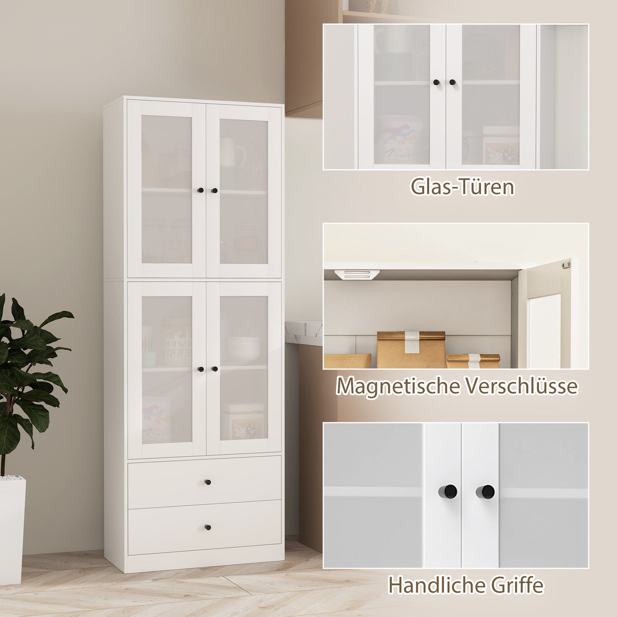 Kitchen cabinet, tall cabinet with drawer, adjustable shelves, kitchen buffet with 2 cabinet compartments for living room, dining room, 59 x 30 x 170 cm, white