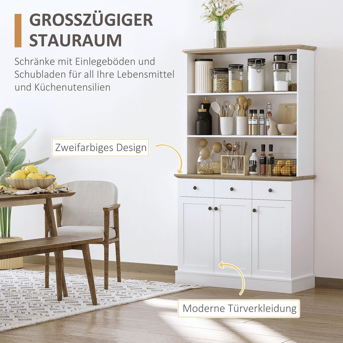Kitchen cabinet, tall cabinet with drawers and open shelves, free-standing kitchen buffet, microwave cabinet with tilt protection, white, 101x39x1805cm