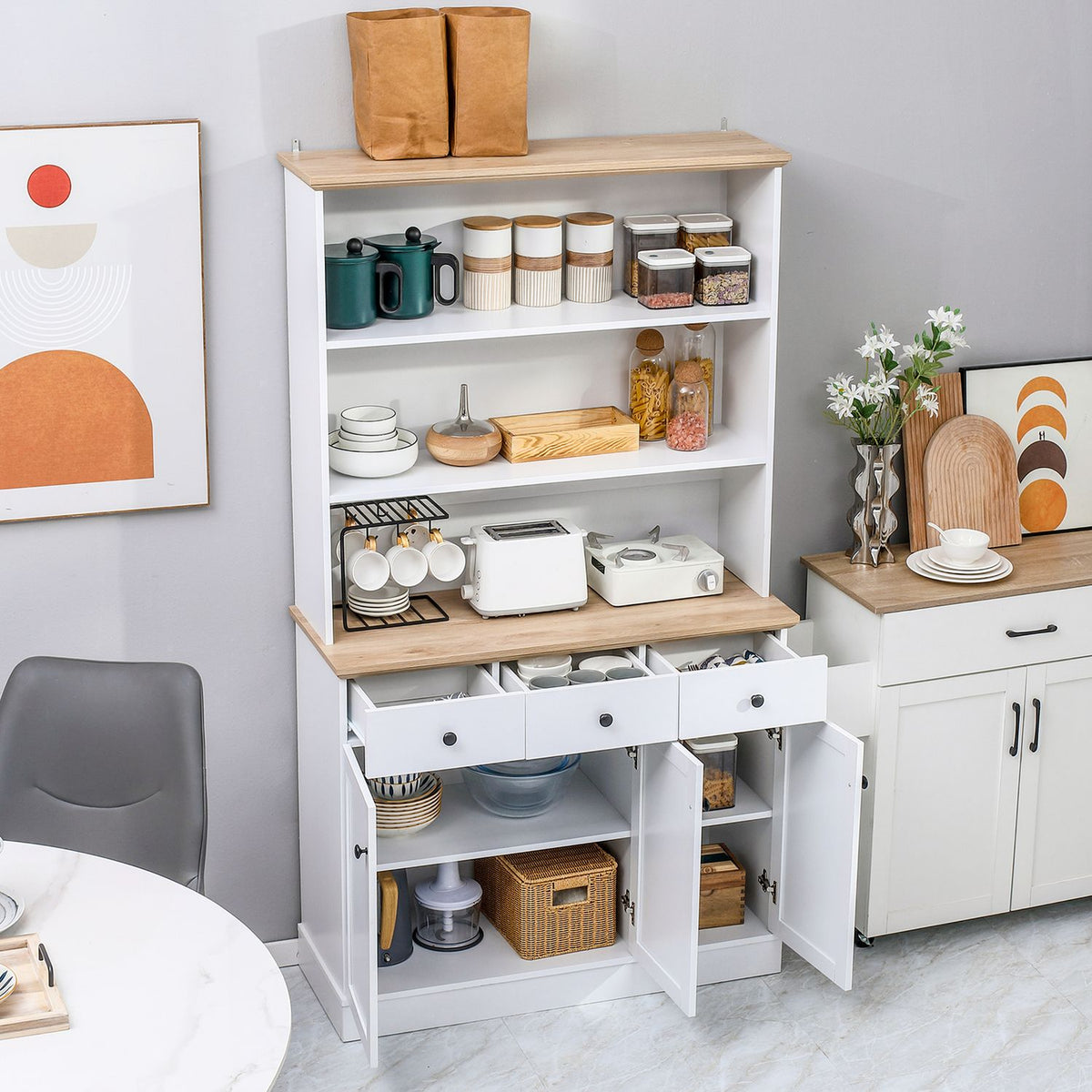 Kitchen cabinet, tall cabinet with drawers and open shelves, free-standing kitchen buffet, microwave cabinet with tilt protection, white, 101x39x1805cm