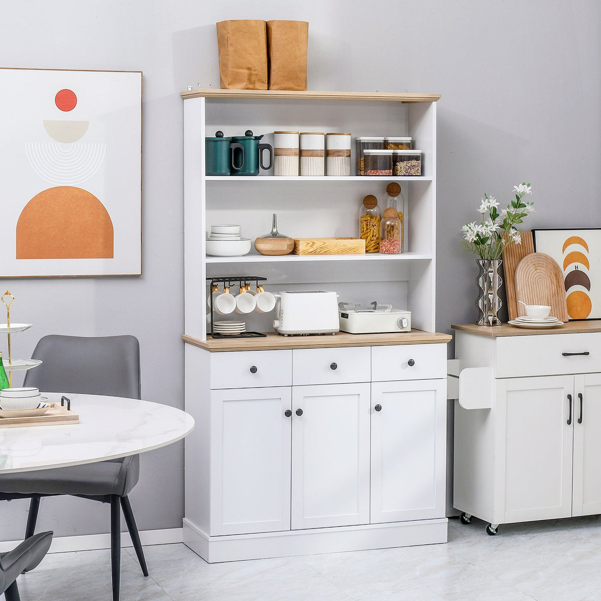 Kitchen cabinet, tall cabinet with drawers and open shelves, free-standing kitchen buffet, microwave cabinet with tilt protection, white, 101x39x1805cm