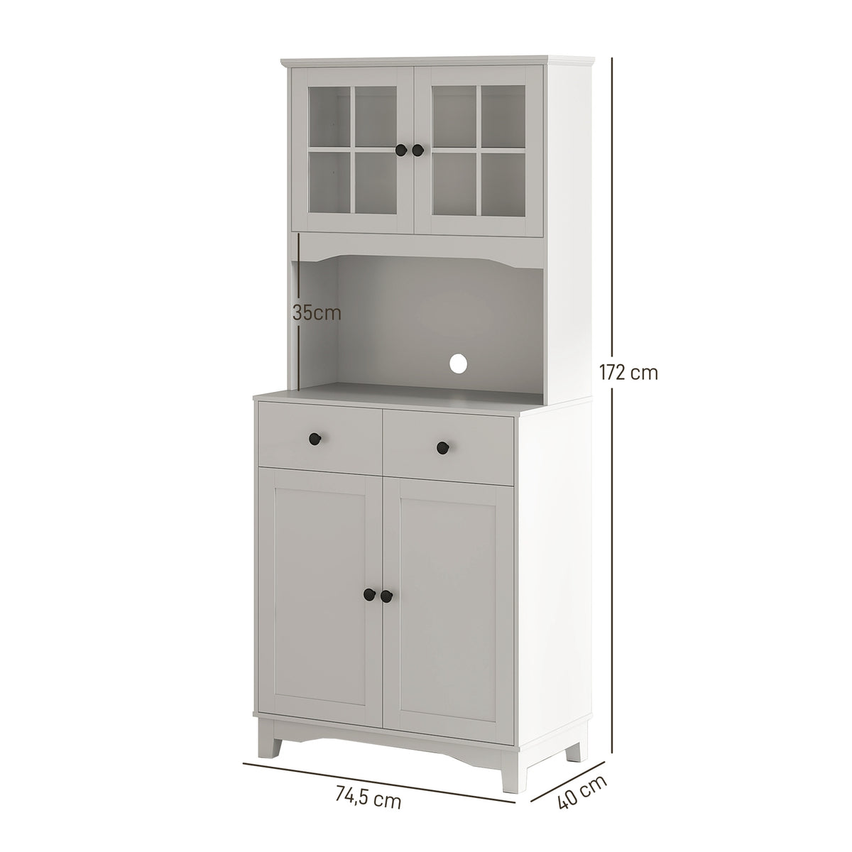 Kitchen cabinet tall cabinet with microwave shelf, 2 cabinets, 2 drawers, display cabinet with adjustable shelves, tilt protection, buffet cabinet for living room, dining room, white