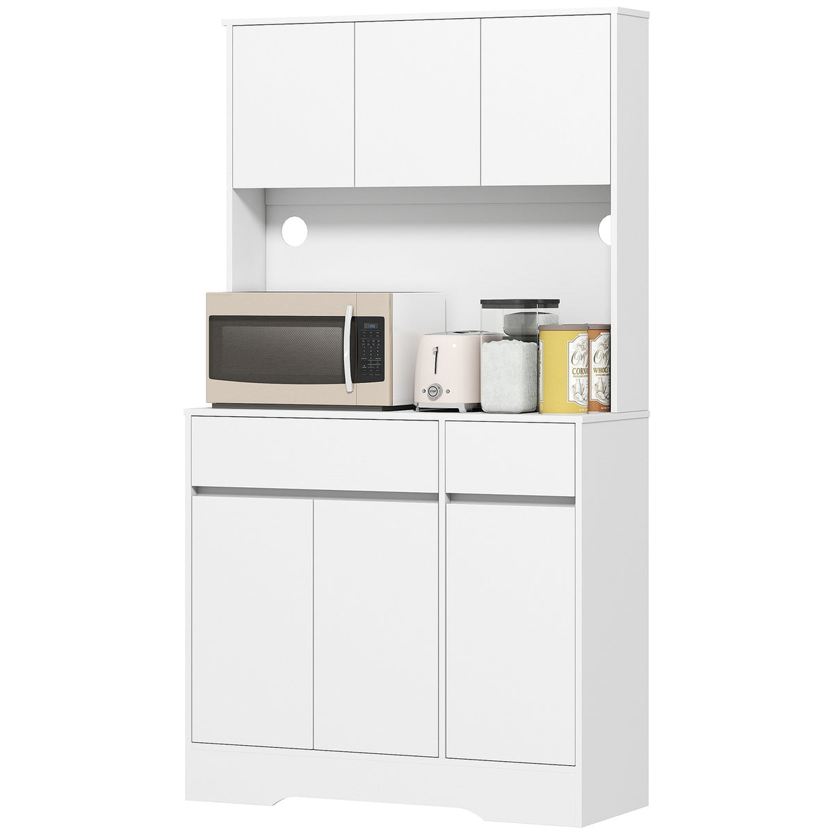 Kitchen cabinet with open work surface, 6 doors, 2 drawers, adjustable shelves, cable holes, chipboard, white