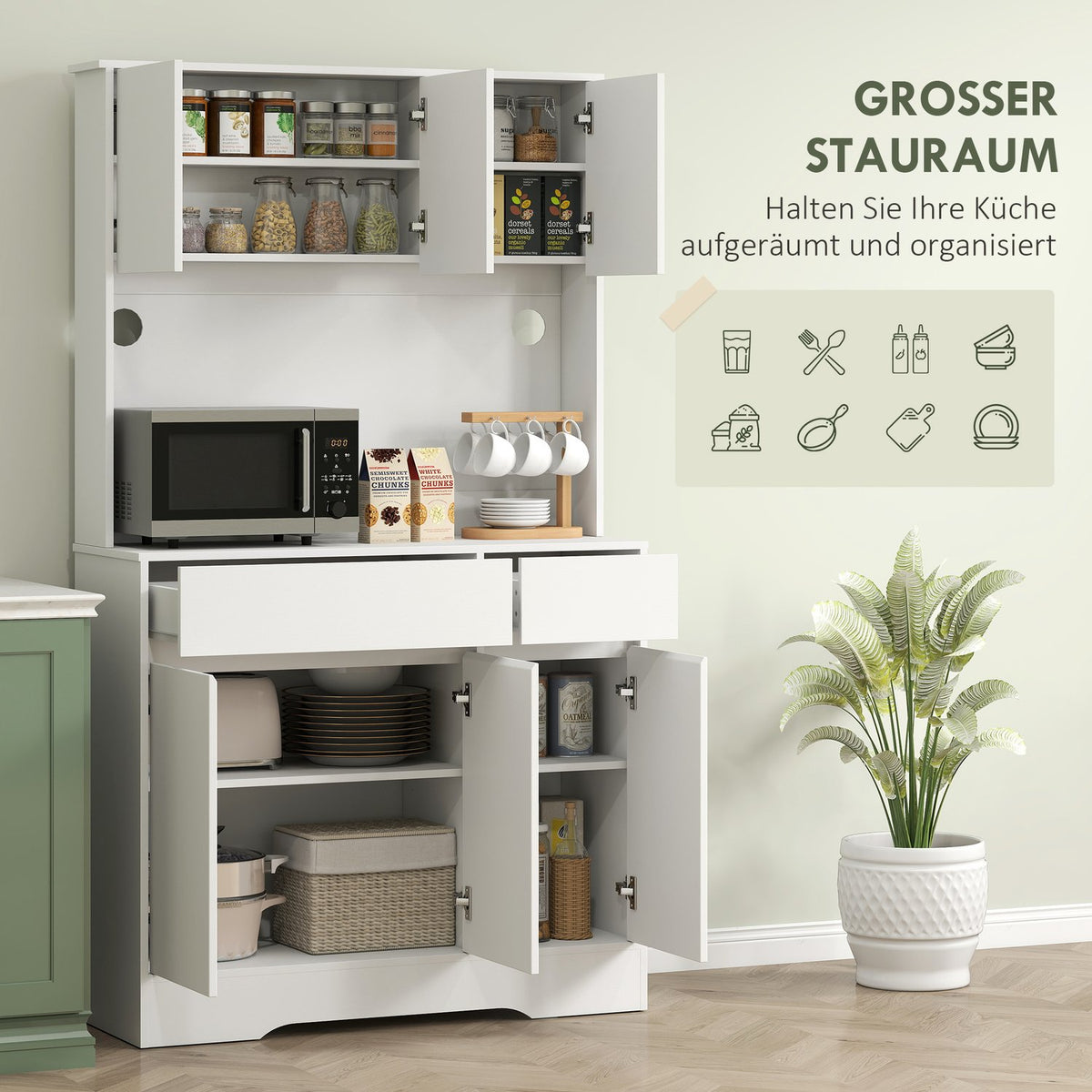 Kitchen cabinet with open work surface, 6 doors, 2 drawers, adjustable shelves, cable holes, chipboard, white