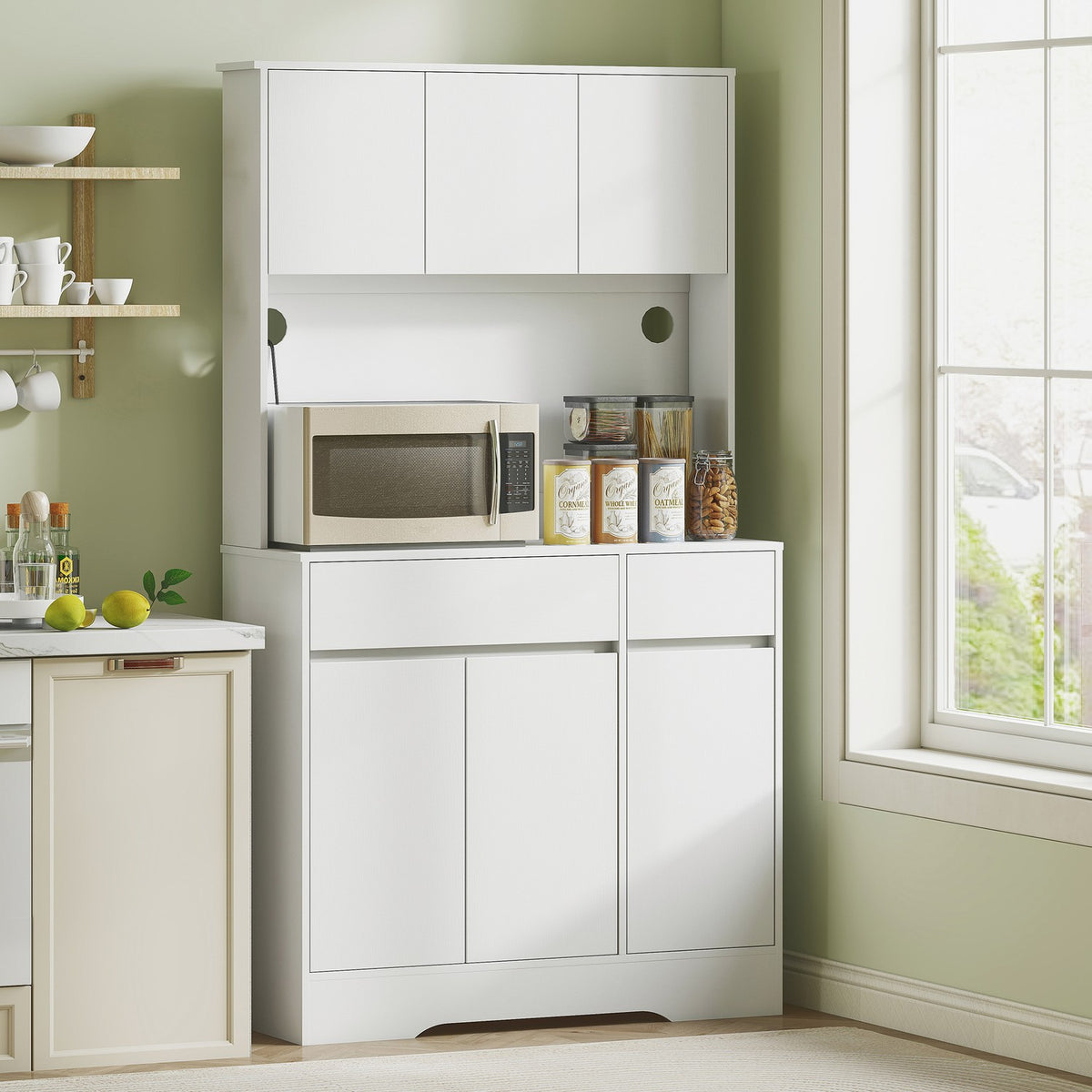 Kitchen cabinet with open work surface, 6 doors, 2 drawers, adjustable shelves, cable holes, chipboard, white