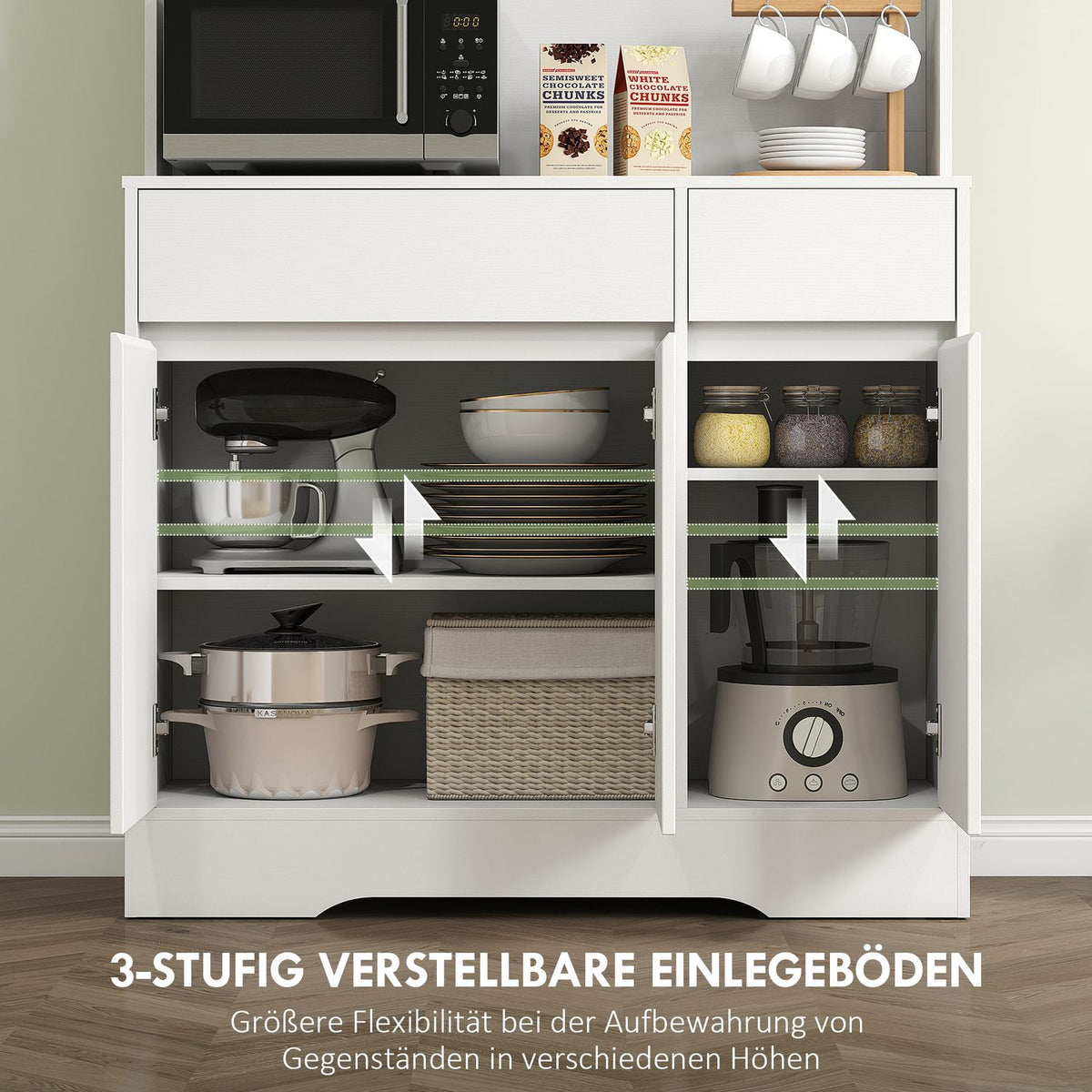 Kitchen cabinet with open work surface, 6 doors, 2 drawers, adjustable shelves, cable holes, chipboard, white