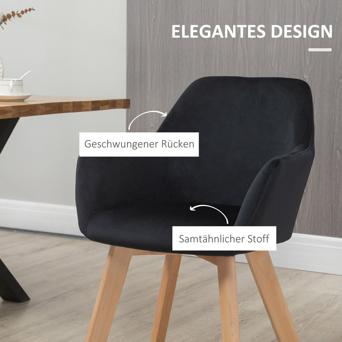 Kitchen chairs set of 2, load capacity 120 kg, ergonomic, with extended armrest, backrest, polyester, wood, 54x57x80 cm, black