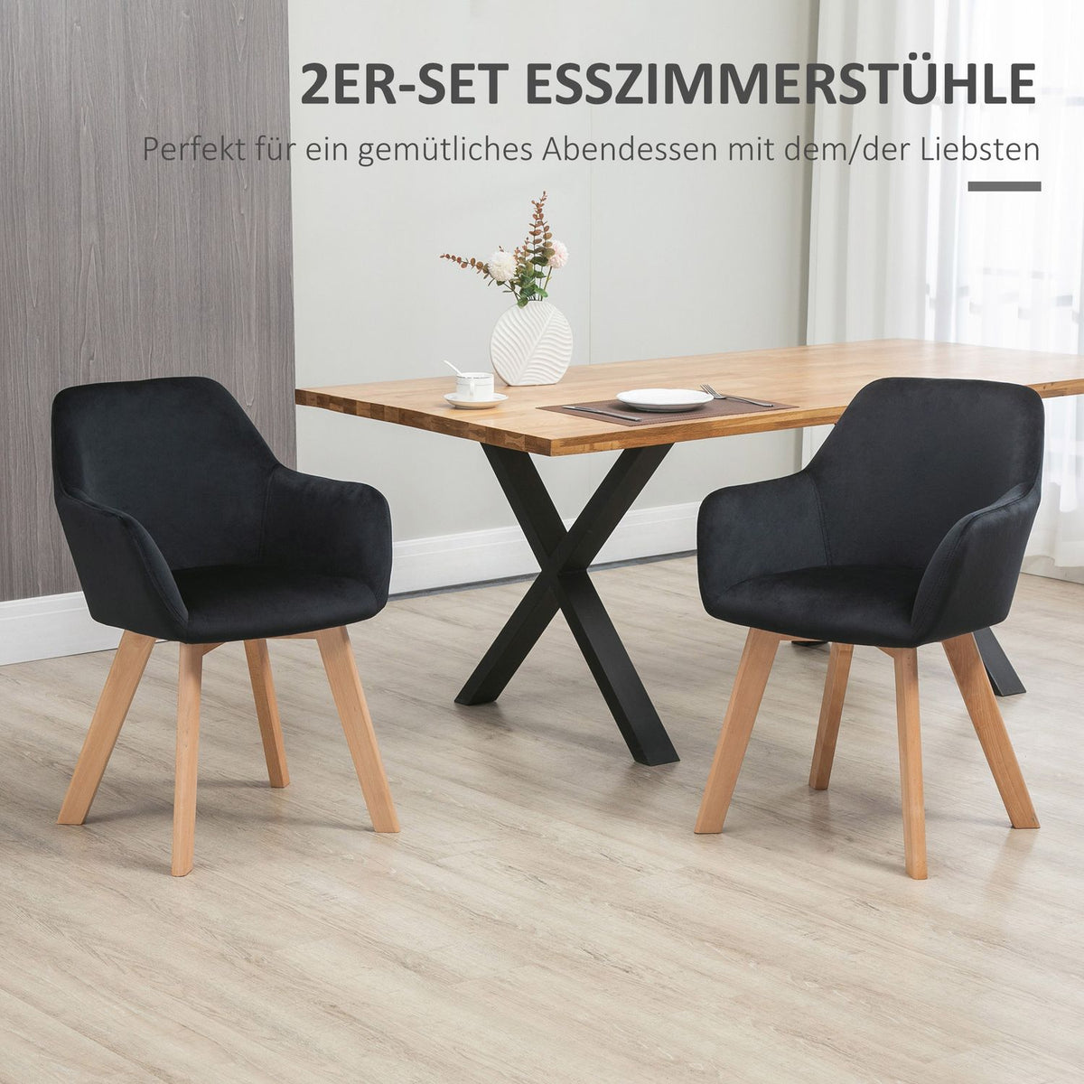 Kitchen chairs set of 2, load capacity 120 kg, ergonomic, with extended armrest, backrest, polyester, wood, 54x57x80 cm, black