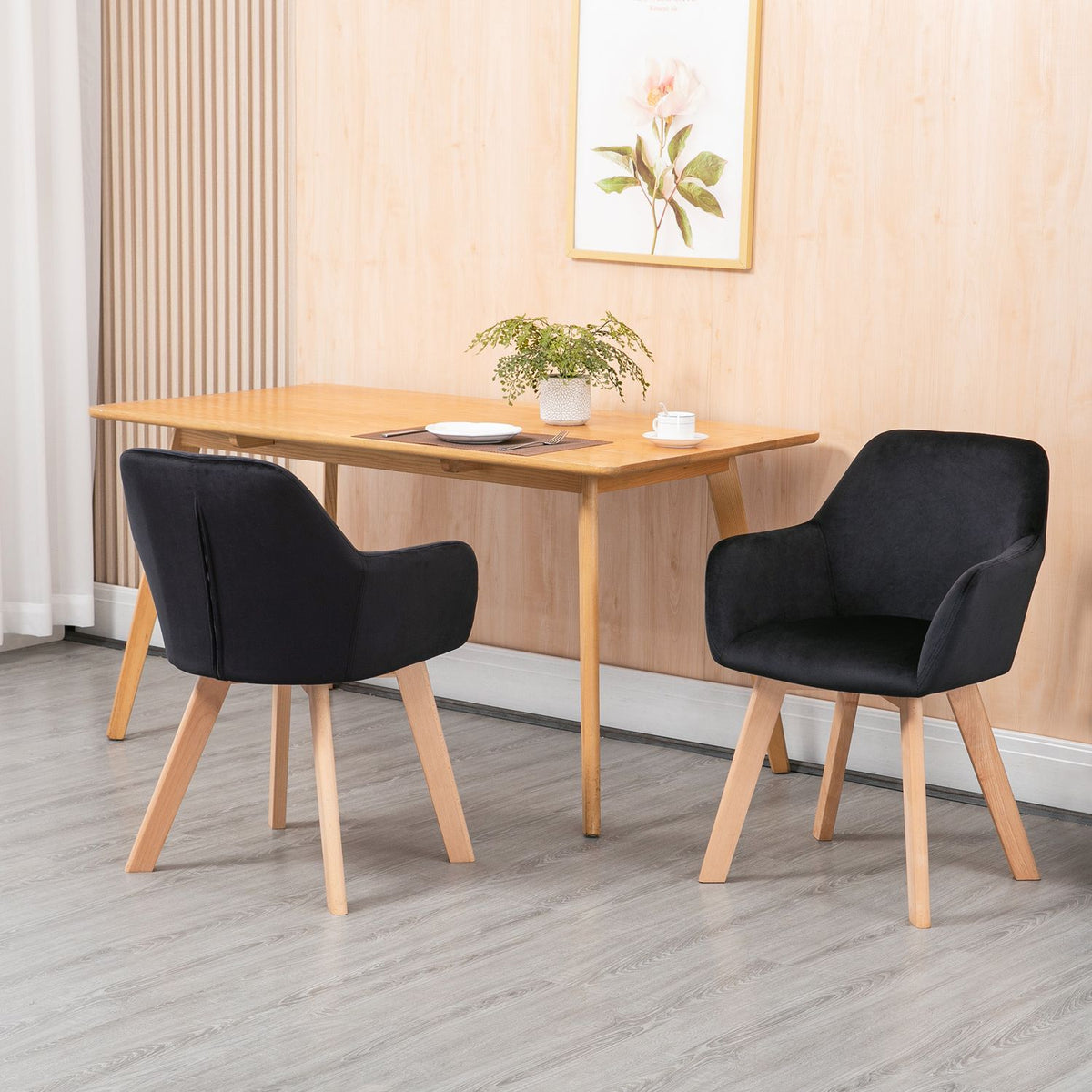 Kitchen chairs set of 2, load capacity 120 kg, ergonomic, with extended armrest, backrest, polyester, wood, 54x57x80 cm, black