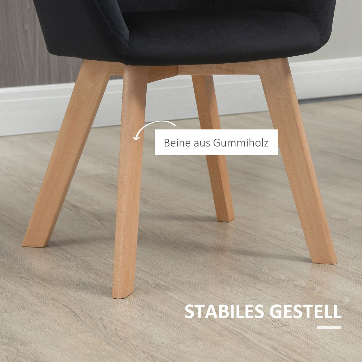 Kitchen chairs set of 2, load capacity 120 kg, ergonomic, with extended armrest, backrest, polyester, wood, 54x57x80 cm, black