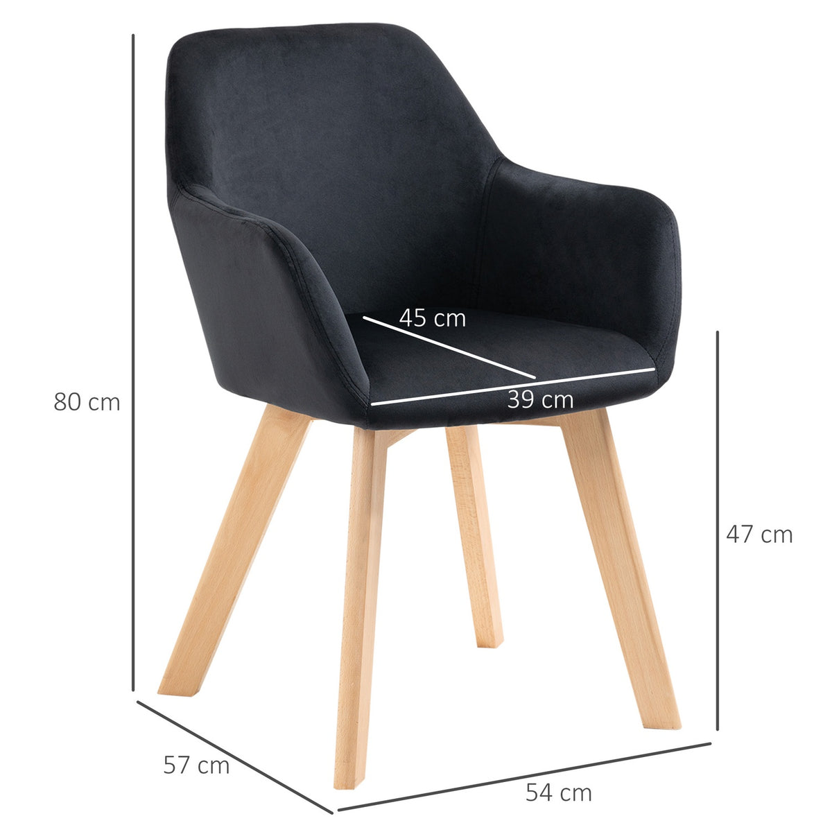 Kitchen chairs set of 2, load capacity 120 kg, ergonomic, with extended armrest, backrest, polyester, wood, 54x57x80 cm, black