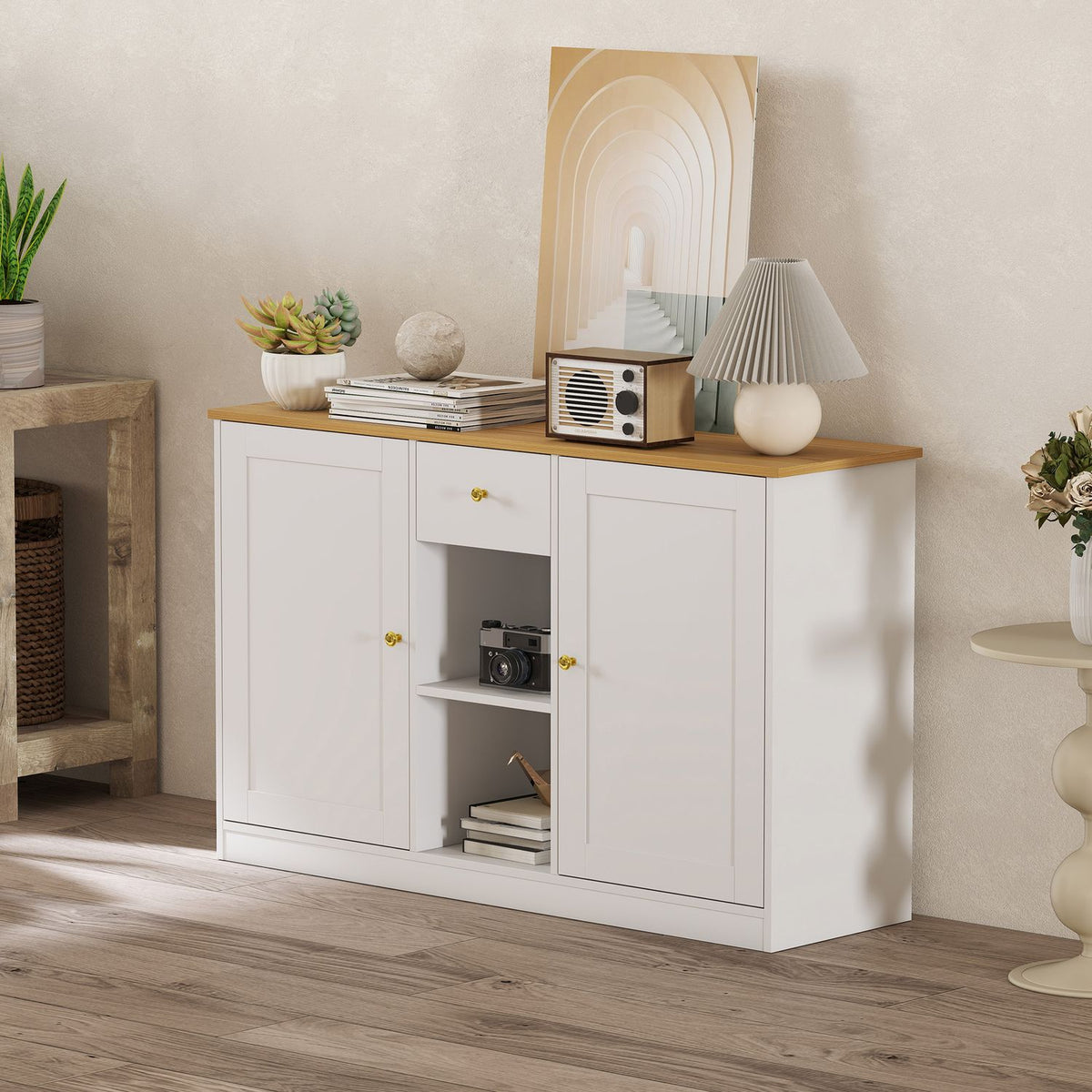 Kitchen chest of drawers, sideboard with drawer, cupboards, shelves, chipboard, white
