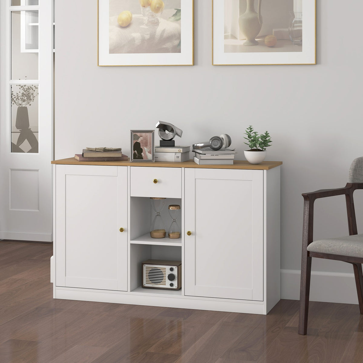 Kitchen chest of drawers, sideboard with drawer, cupboards, shelves, chipboard, white