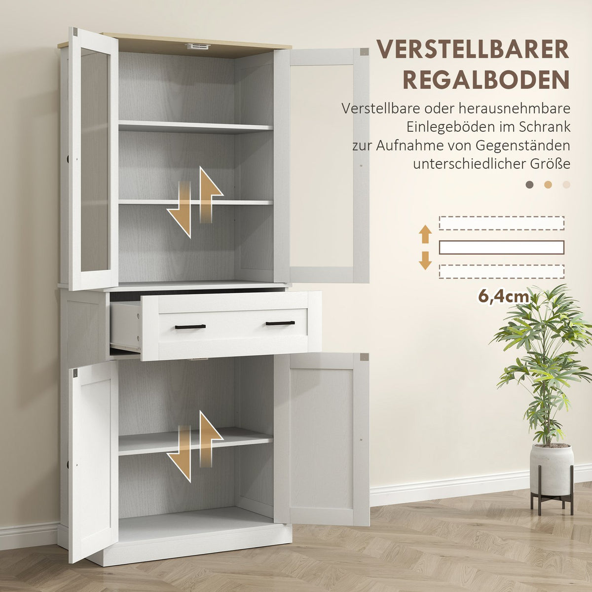 Kitchen cupboard, tall cupboard with drawer, adjustable shelves, kitchen buffet with acrylic doors, 2 cupboard compartments for living room, dining room, 76 x 40 x 182.5 cm, cream white