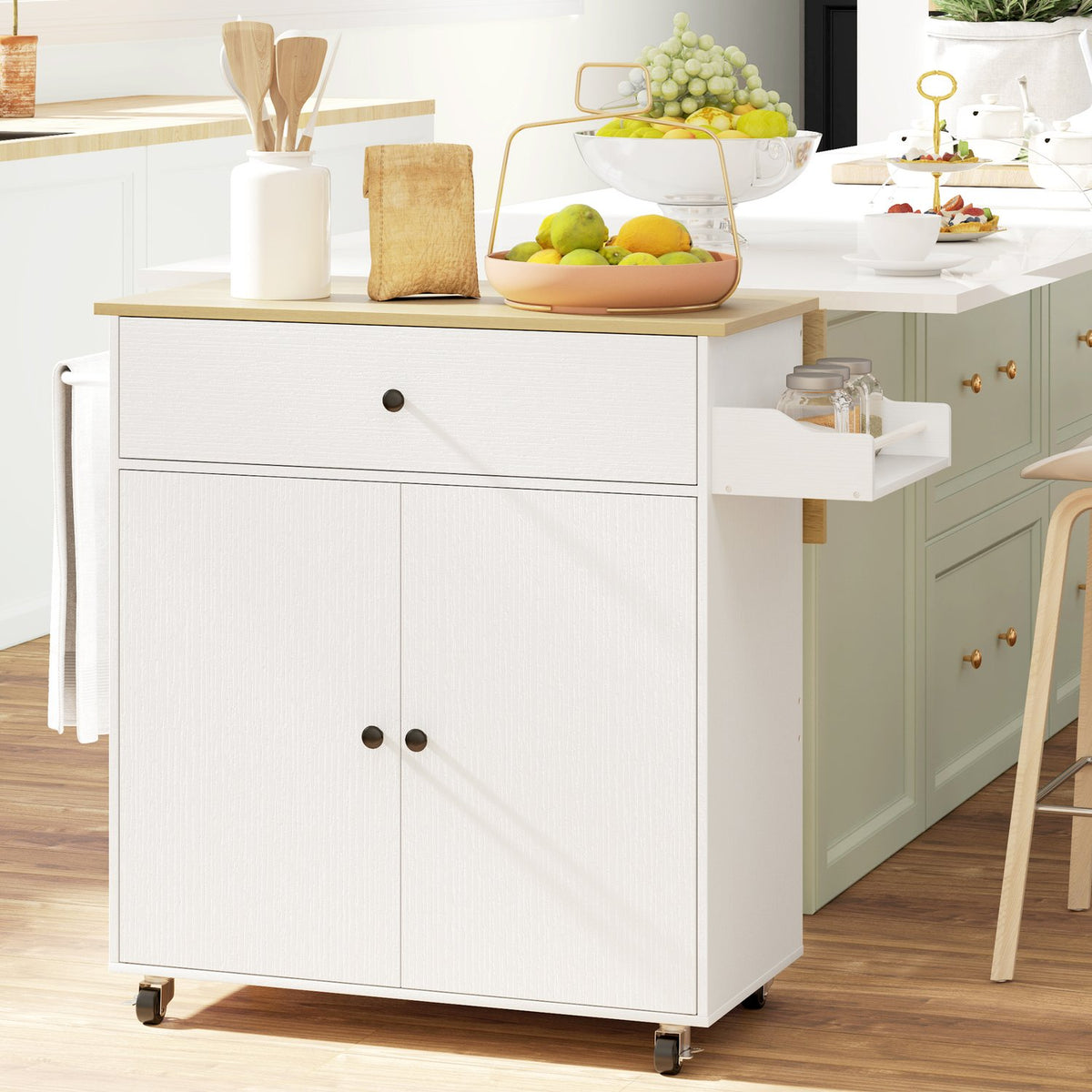 Kitchen island kitchen trolley on wheels with folding worktop, drawer, kitchen cabinet rollable with shelf, towel rail, spice rack, serving trolley white