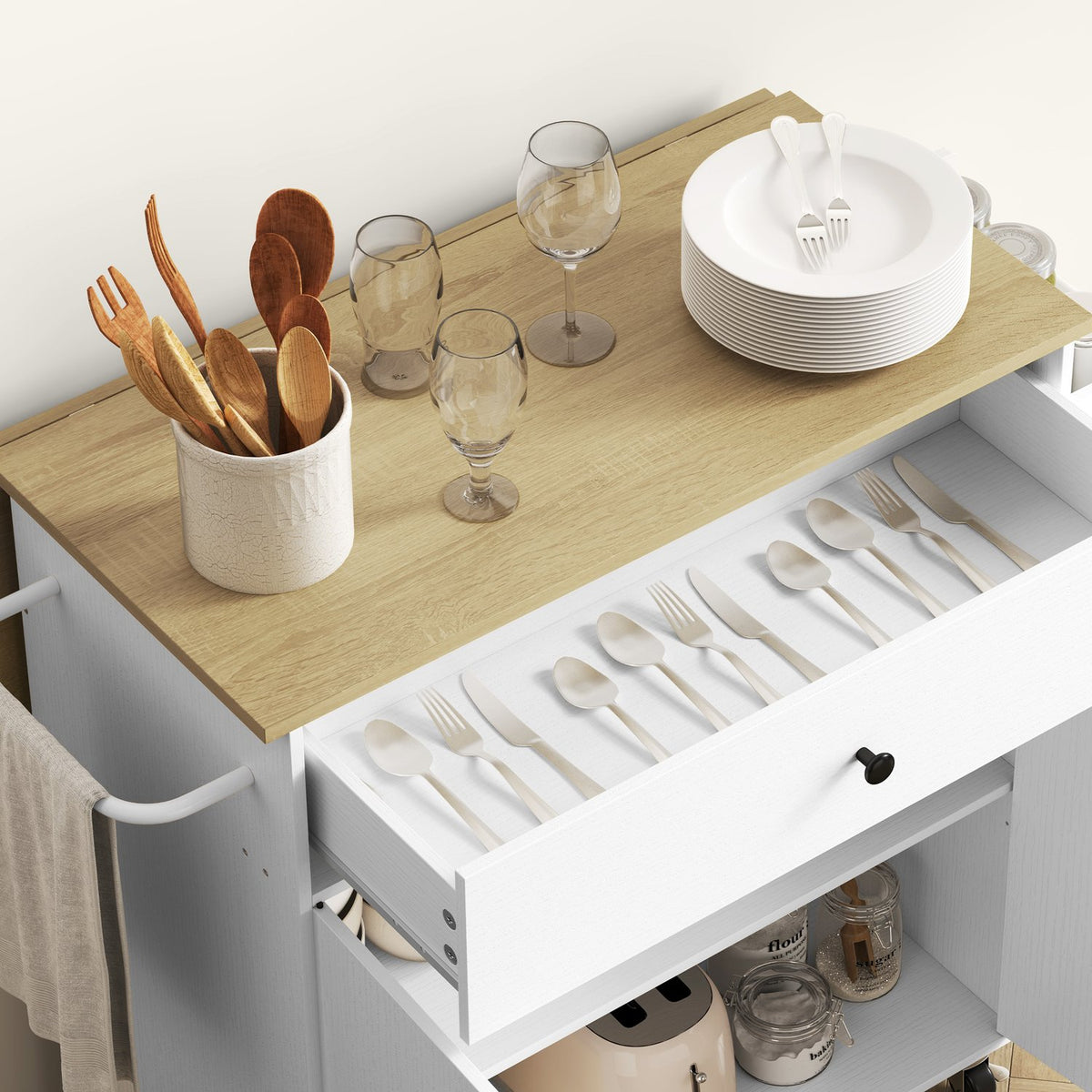 Kitchen island kitchen trolley on wheels with folding worktop, drawer, kitchen cabinet rollable with shelf, towel rail, spice rack, serving trolley white