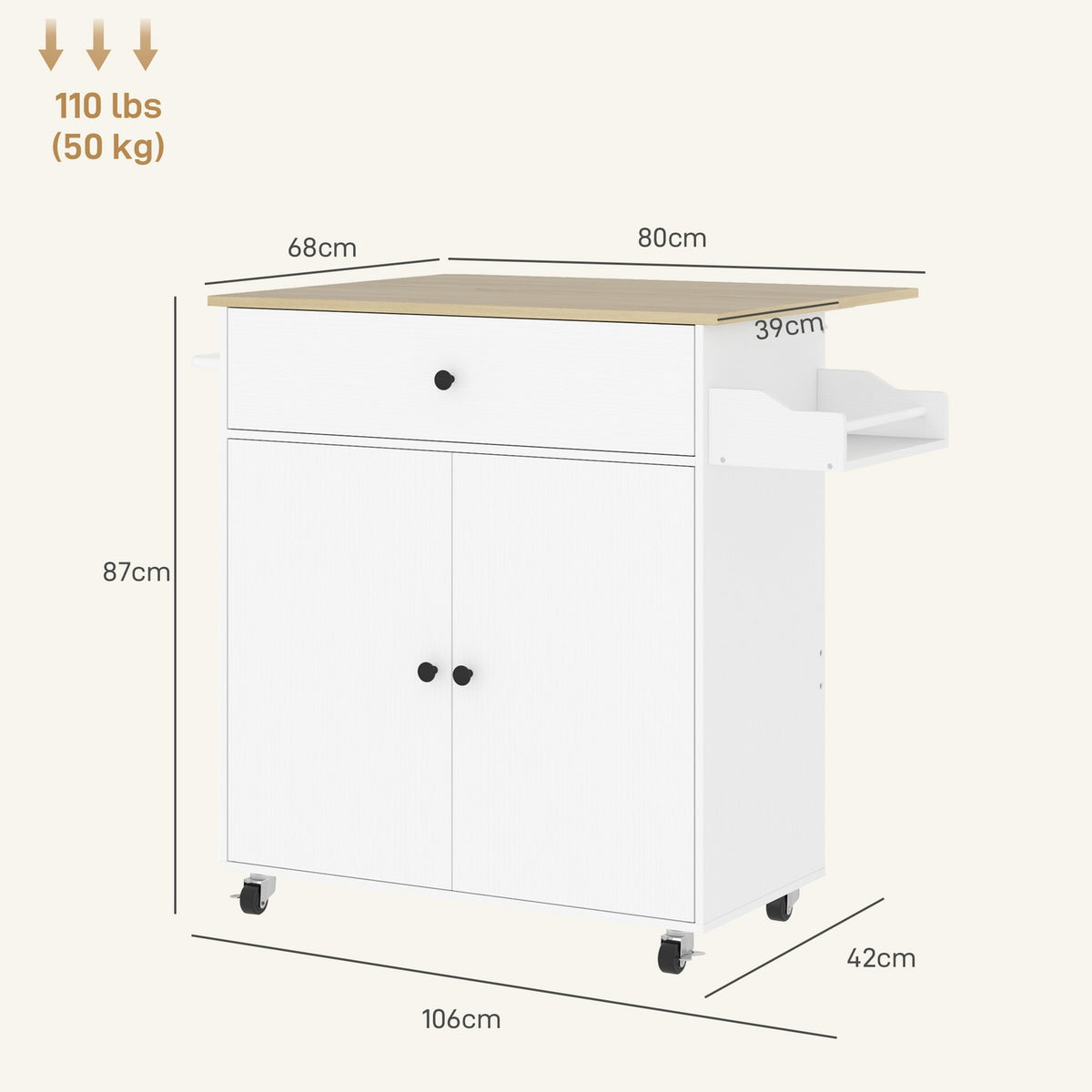 Kitchen island kitchen trolley on wheels with folding worktop, drawer, kitchen cabinet rollable with shelf, towel rail, spice rack, serving trolley white