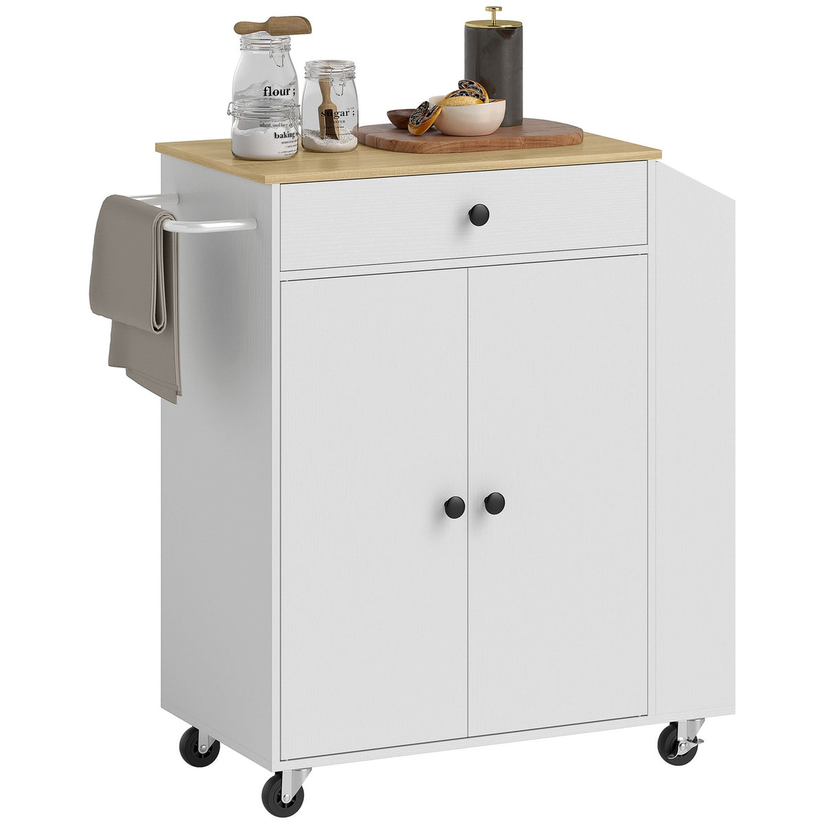 Kitchen island kitchen trolley on wheels with worktop, drawer, kitchen cabinet rollable with shelf, spice rack, towel rail, serving trolley kitchen trolley white