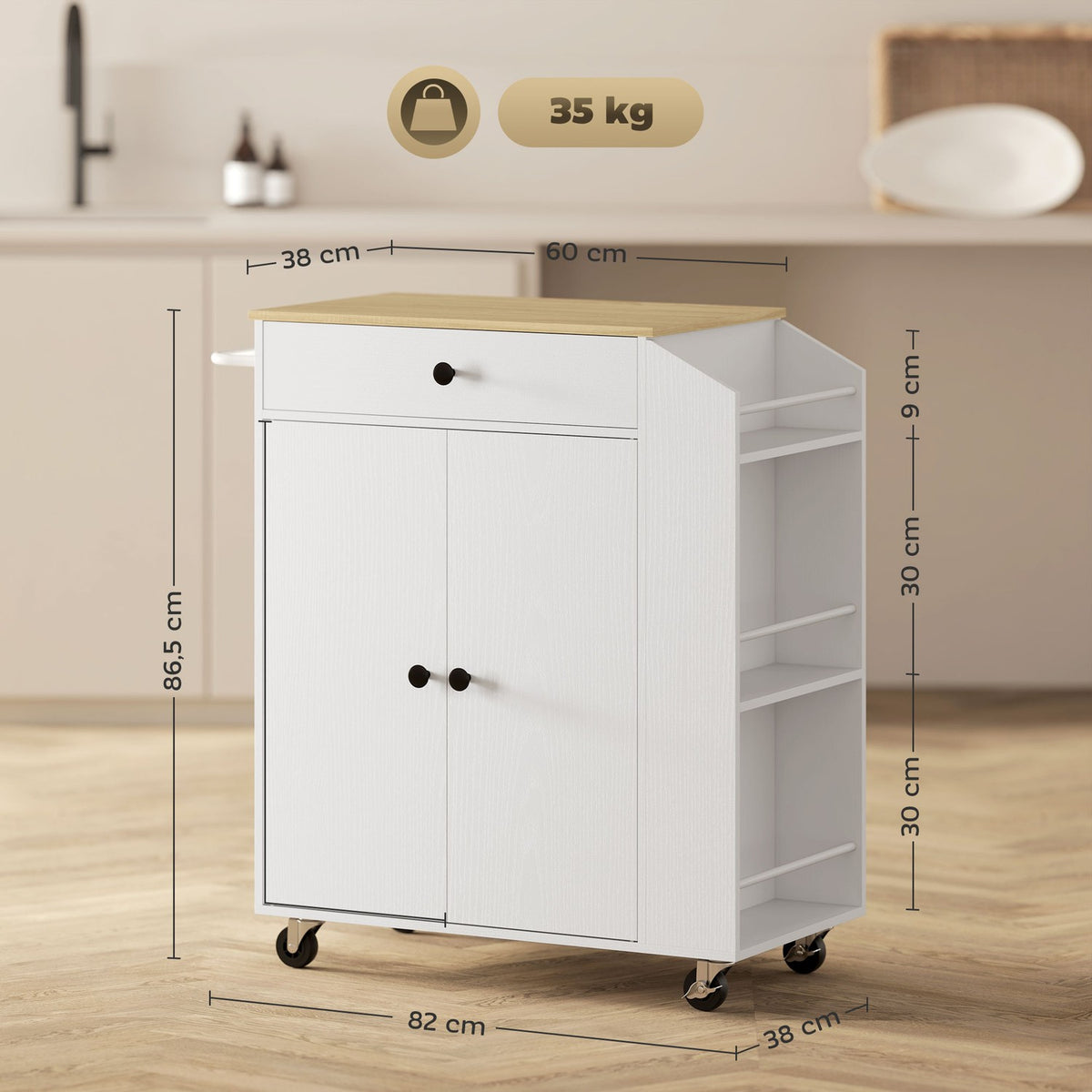 Kitchen island kitchen trolley on wheels with worktop, drawer, kitchen cabinet rollable with shelf, spice rack, towel rail, serving trolley kitchen trolley white