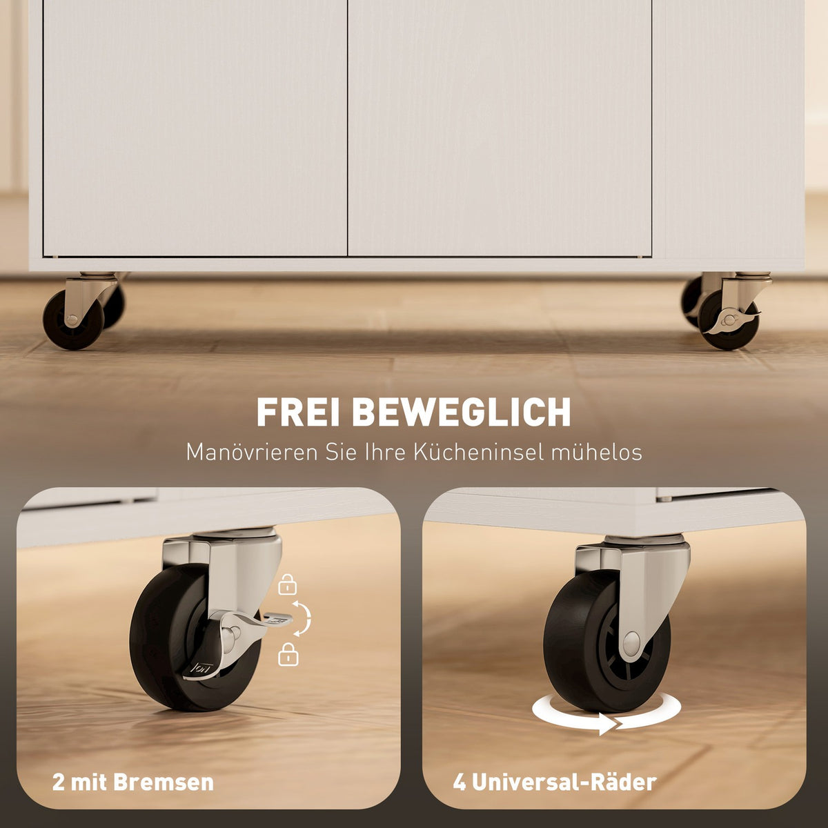 Kitchen island kitchen trolley on wheels with worktop, drawer, kitchen cabinet rollable with shelf, spice rack, towel rail, serving trolley kitchen trolley white