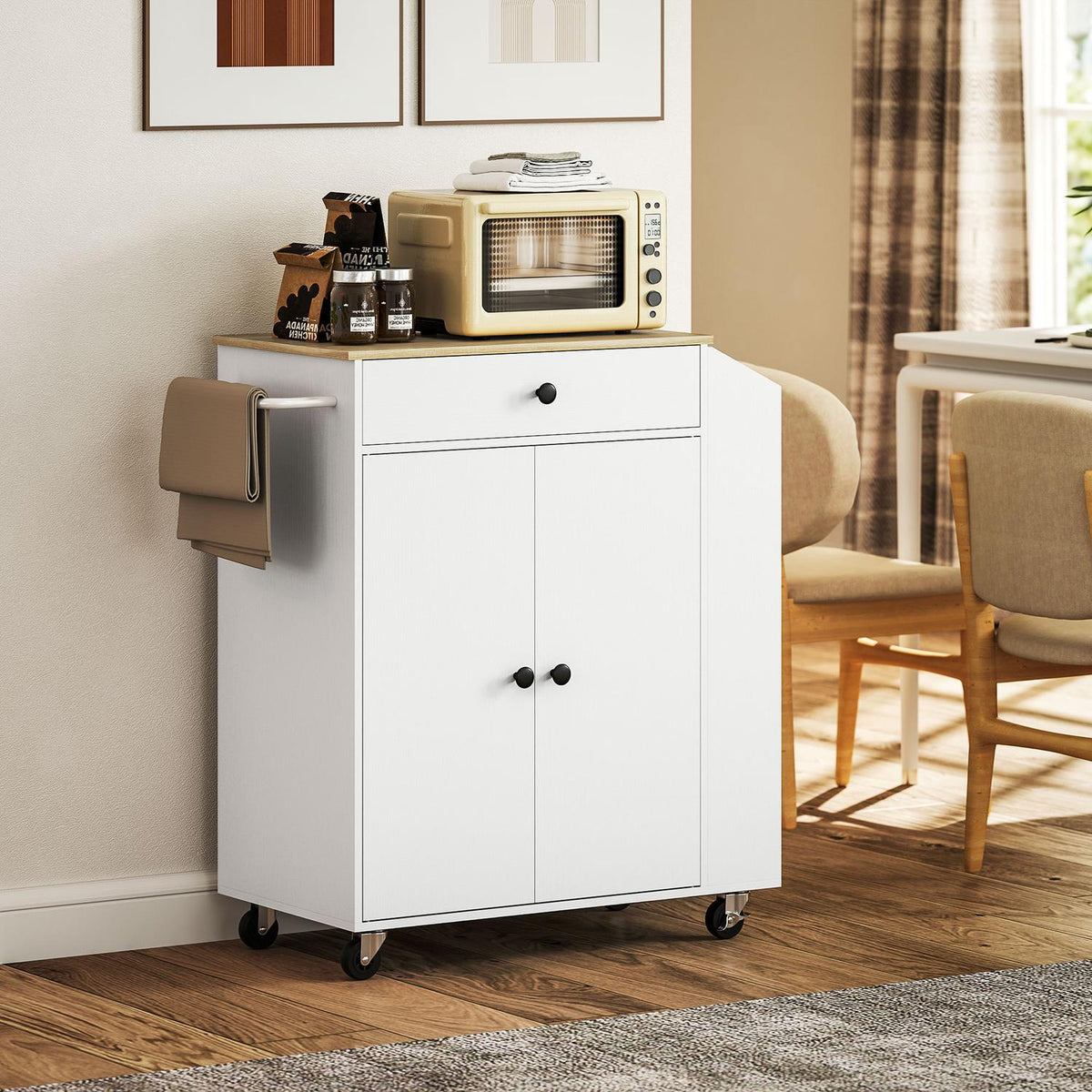 Kitchen island kitchen trolley on wheels with worktop, drawer, kitchen cabinet rollable with shelf, spice rack, towel rail, serving trolley kitchen trolley white