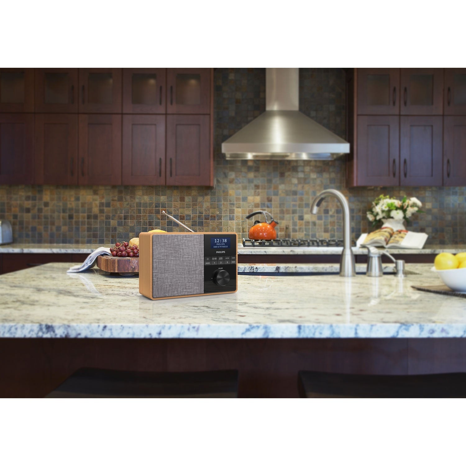 Kitchen radio with Bluetooth. Stream your favorite podcast or music for breakfast. Wooden casing