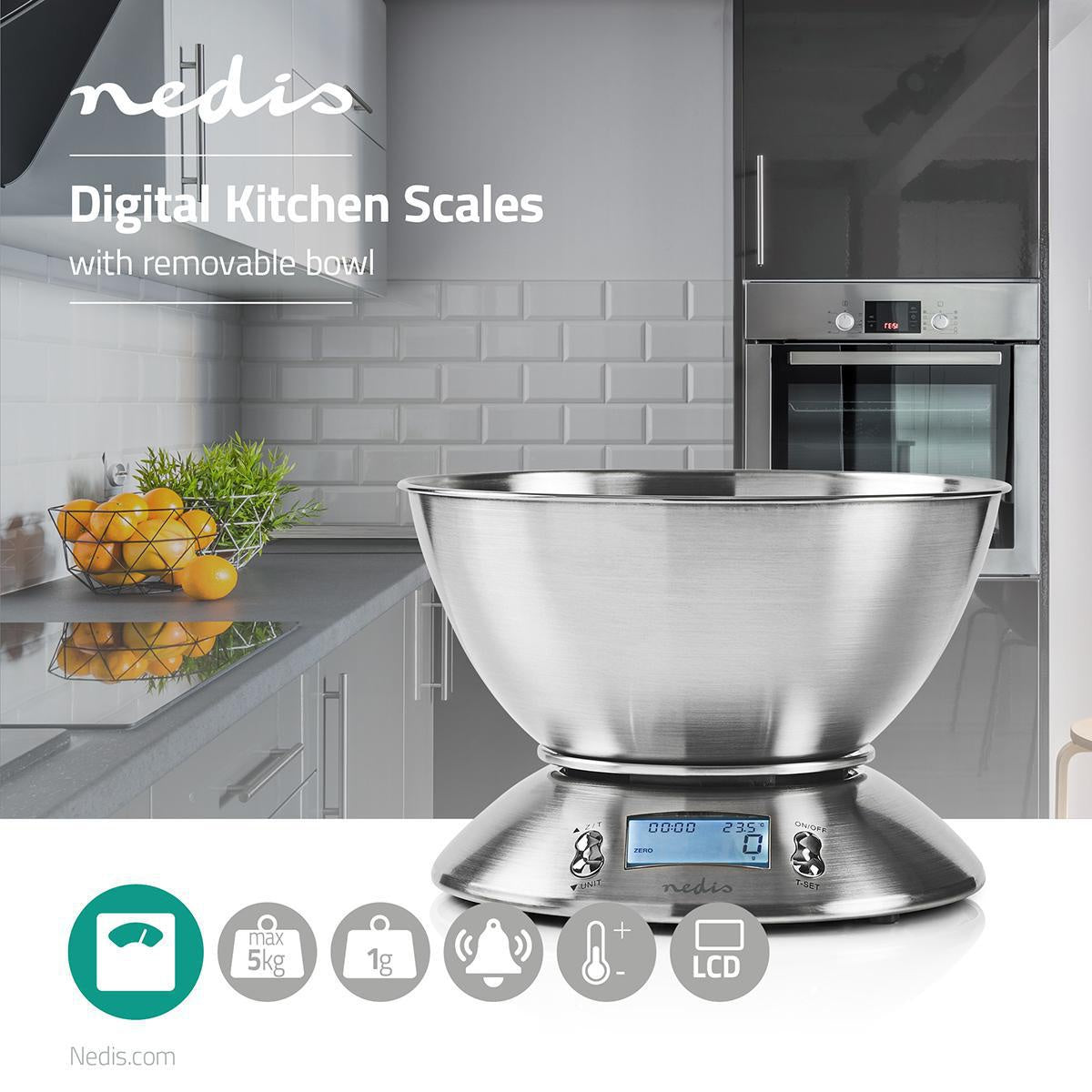 Kitchen scale | Digital | Stainless steel | Timer function | Thermometer function | Removable bowl | Silver