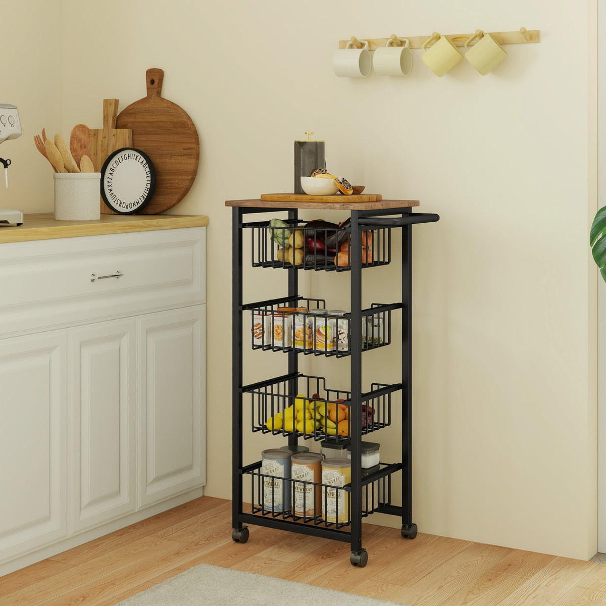 Kitchen trolley serving trolley with worktop, 4 extendable steel baskets, trolley for office, 49.5 x 31 x 91 cm, oak