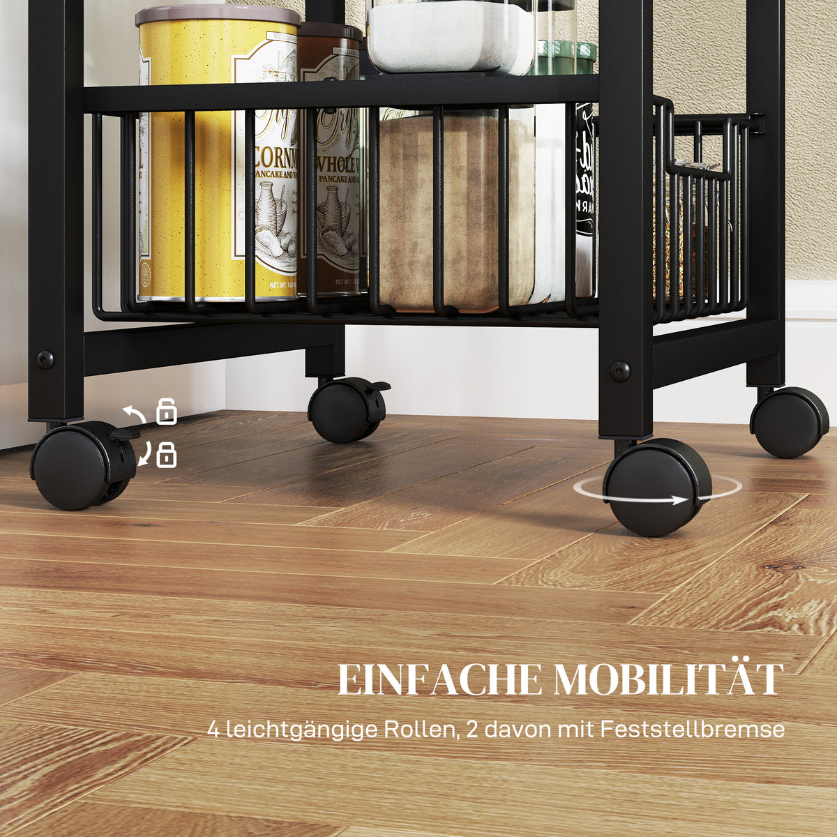 Kitchen trolley serving trolley with worktop, 4 extendable steel baskets, trolley for office, 49.5 x 31 x 91 cm, oak