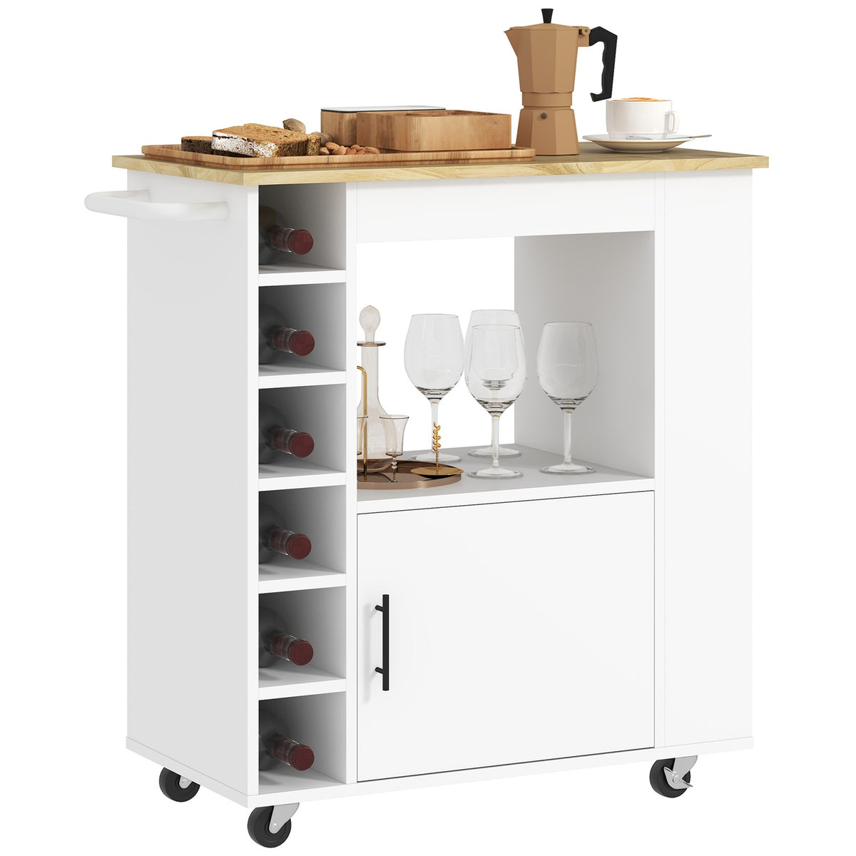 Kitchen trolley serving trolley with worktop, shelves, wine racks, kitchen cabinet trolley with soft-close hinges, handle, kitchen island for office, 83x40x83cm, oak