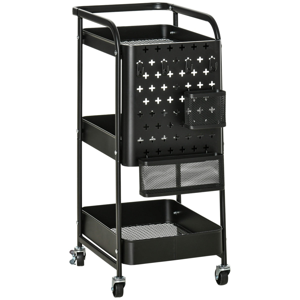 Kitchen trolley with perforated board, towel holder, storage baskets, black