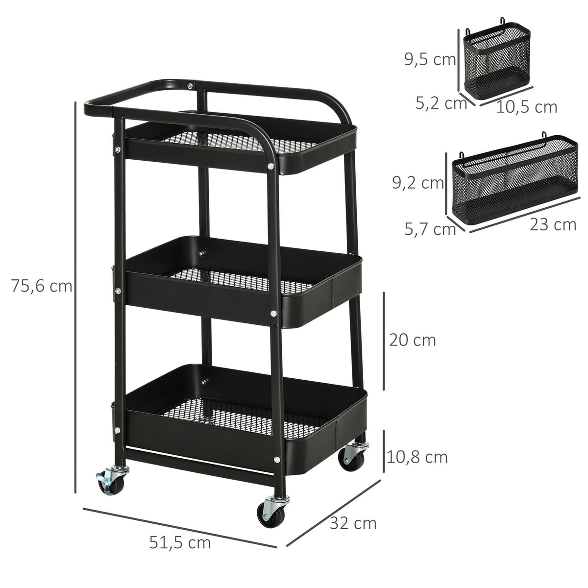 Kitchen trolley with perforated board, towel holder, storage baskets, black