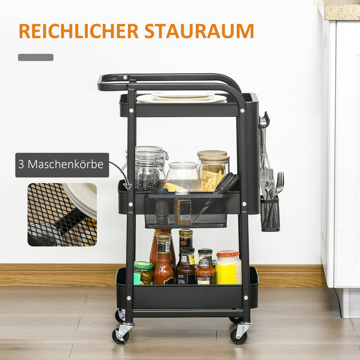 Kitchen trolley with perforated board, towel holder, storage baskets, black