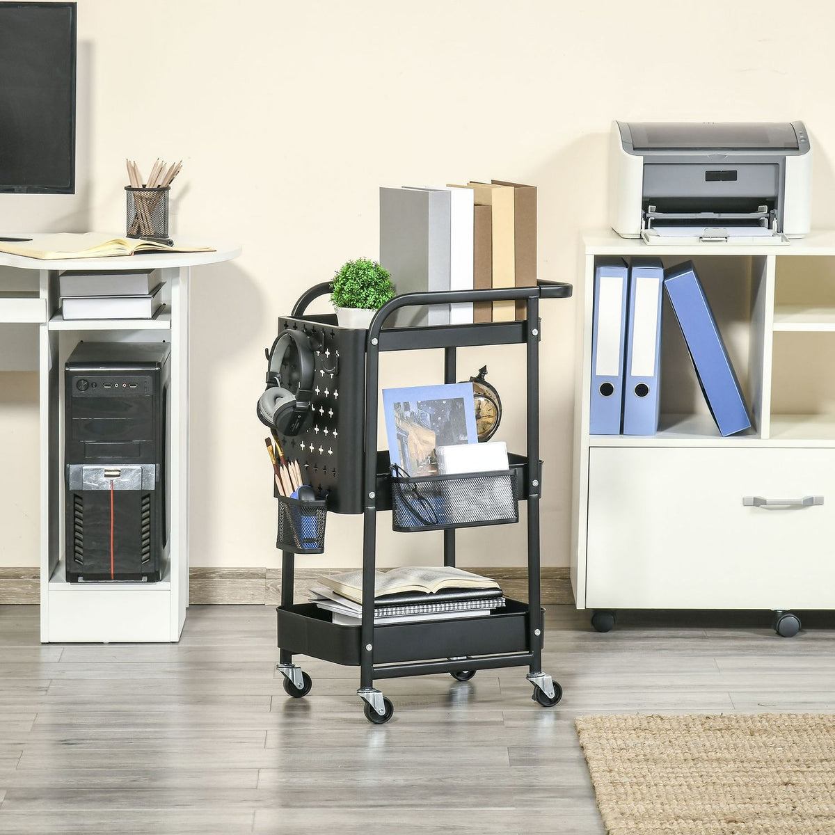 Kitchen trolley with perforated board, towel holder, storage baskets, black
