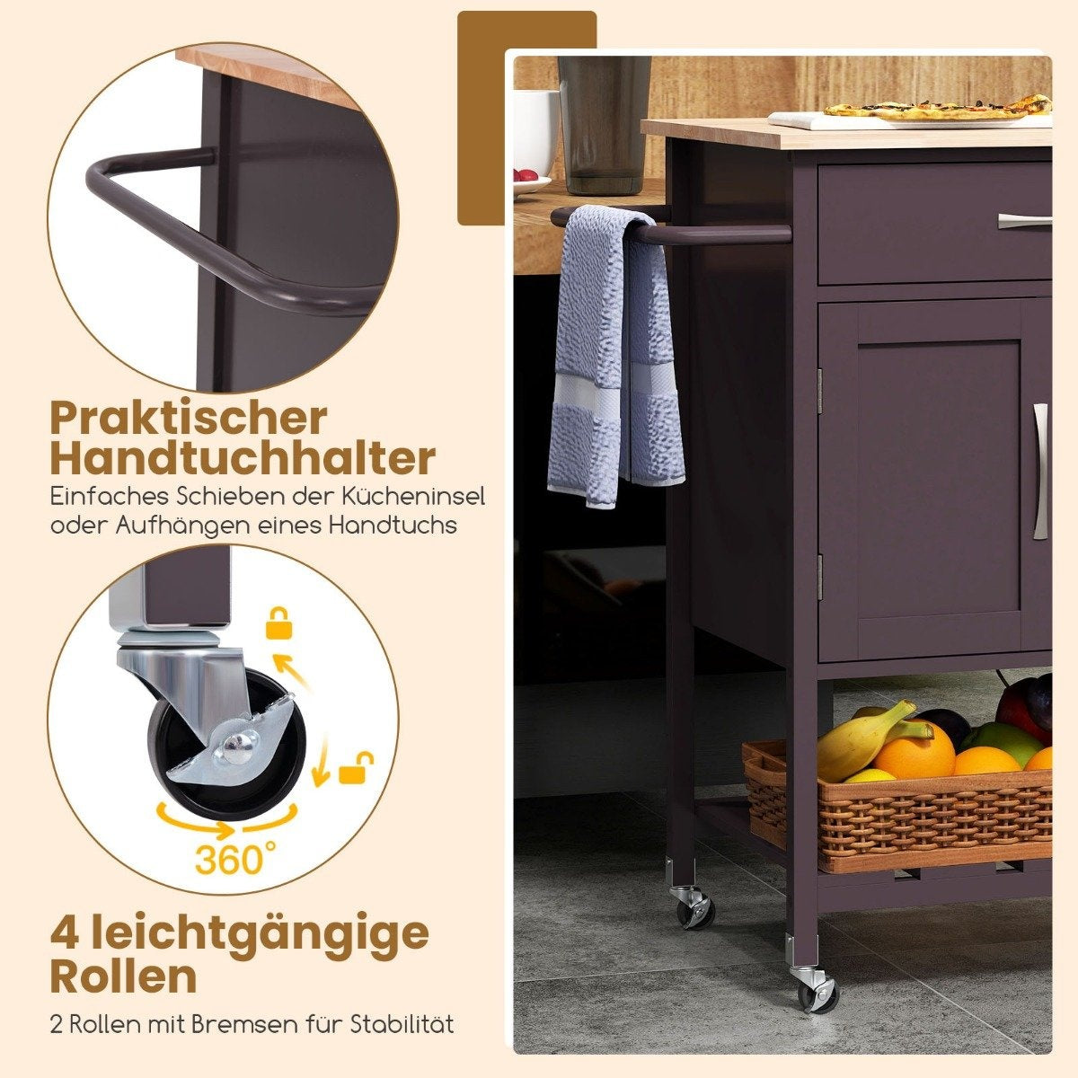 Kitchen trolley with worktop, serving trolley with wheels, trolley with drawer, brown