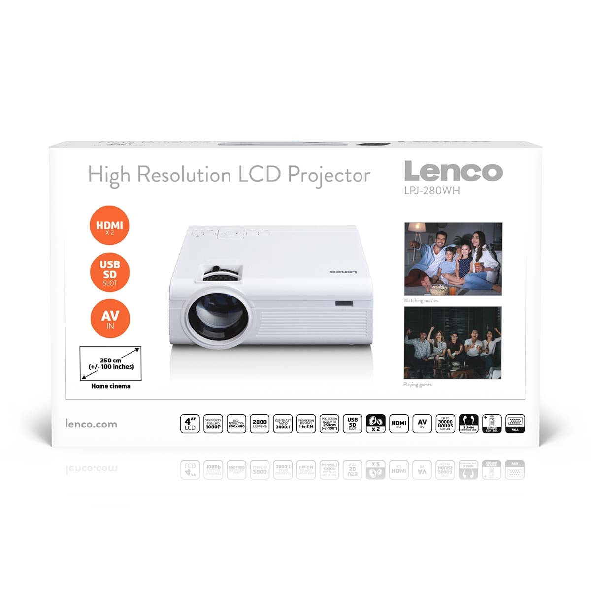 LCD Projector with high resolution, supports Full HD 1080P content White