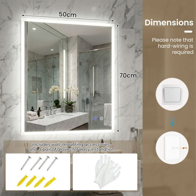 LED Bathroom Mirror 70x50cm, Anti-Fog, Dimmable