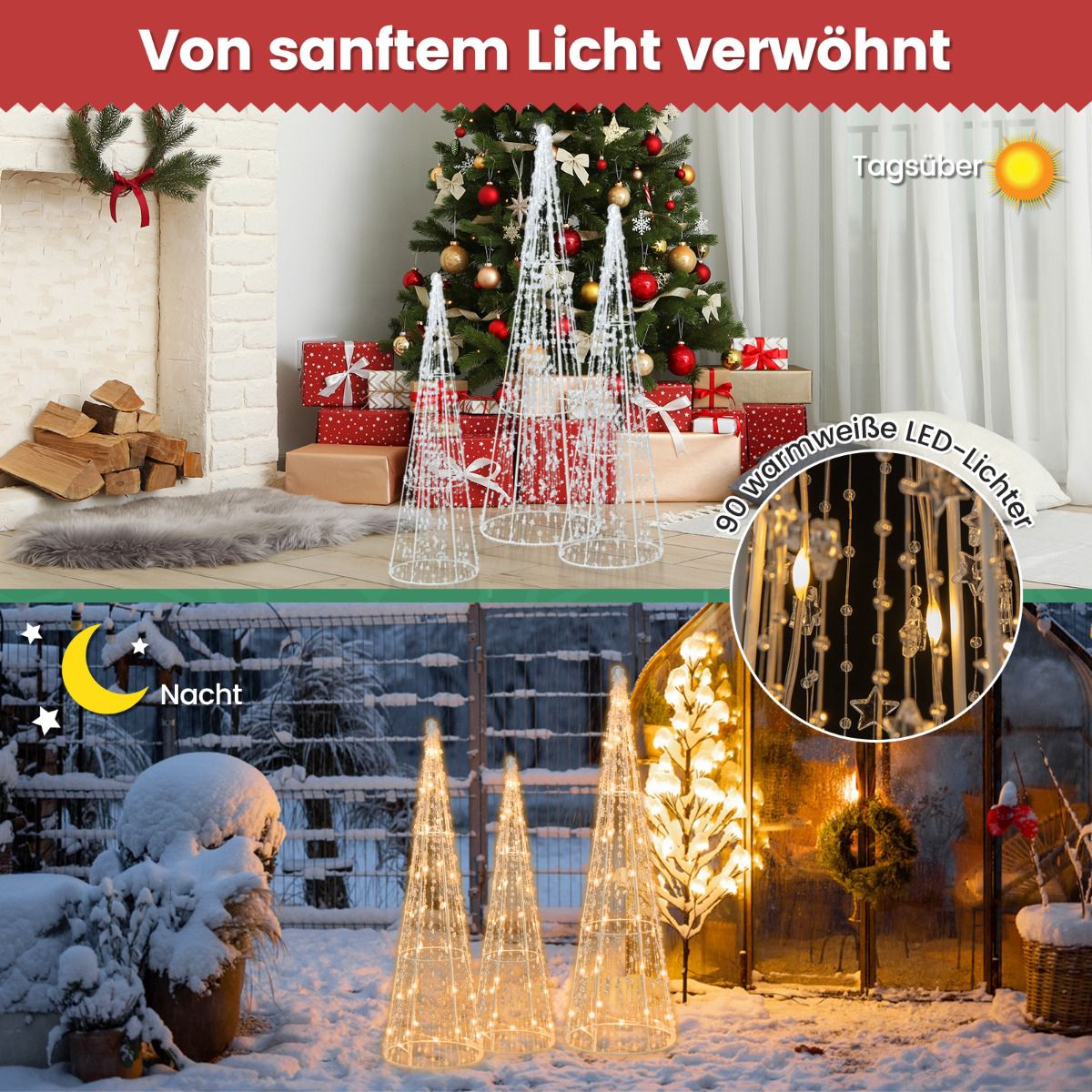 LED Christmas Cone Trees Set, 3-Piece, 90 Warm White