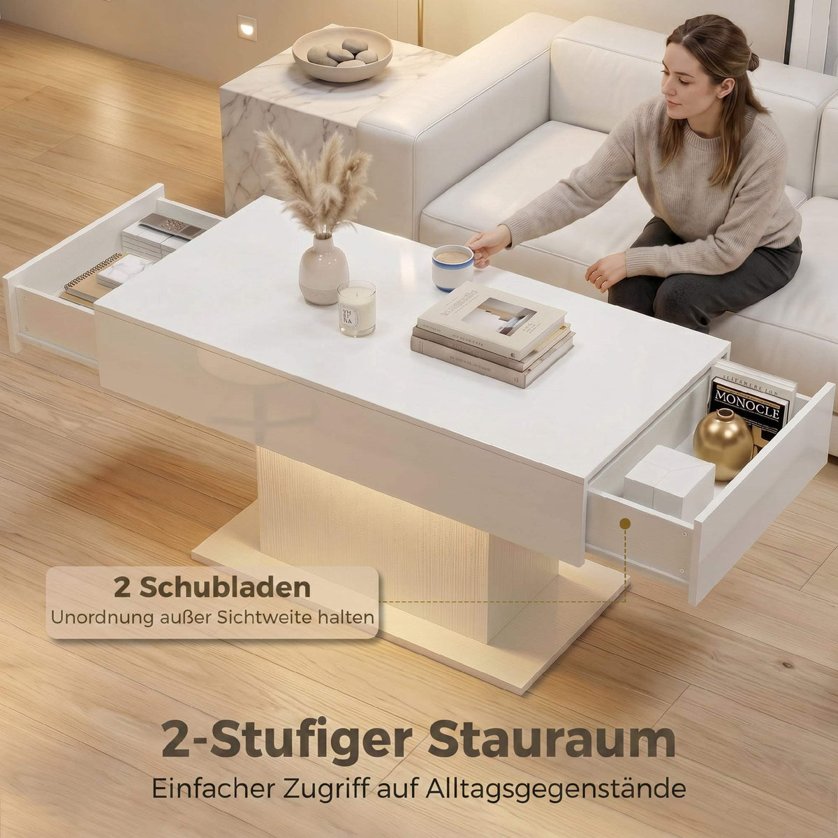 LED Coffee Table, RGB, High Gloss White, 2 Drawers