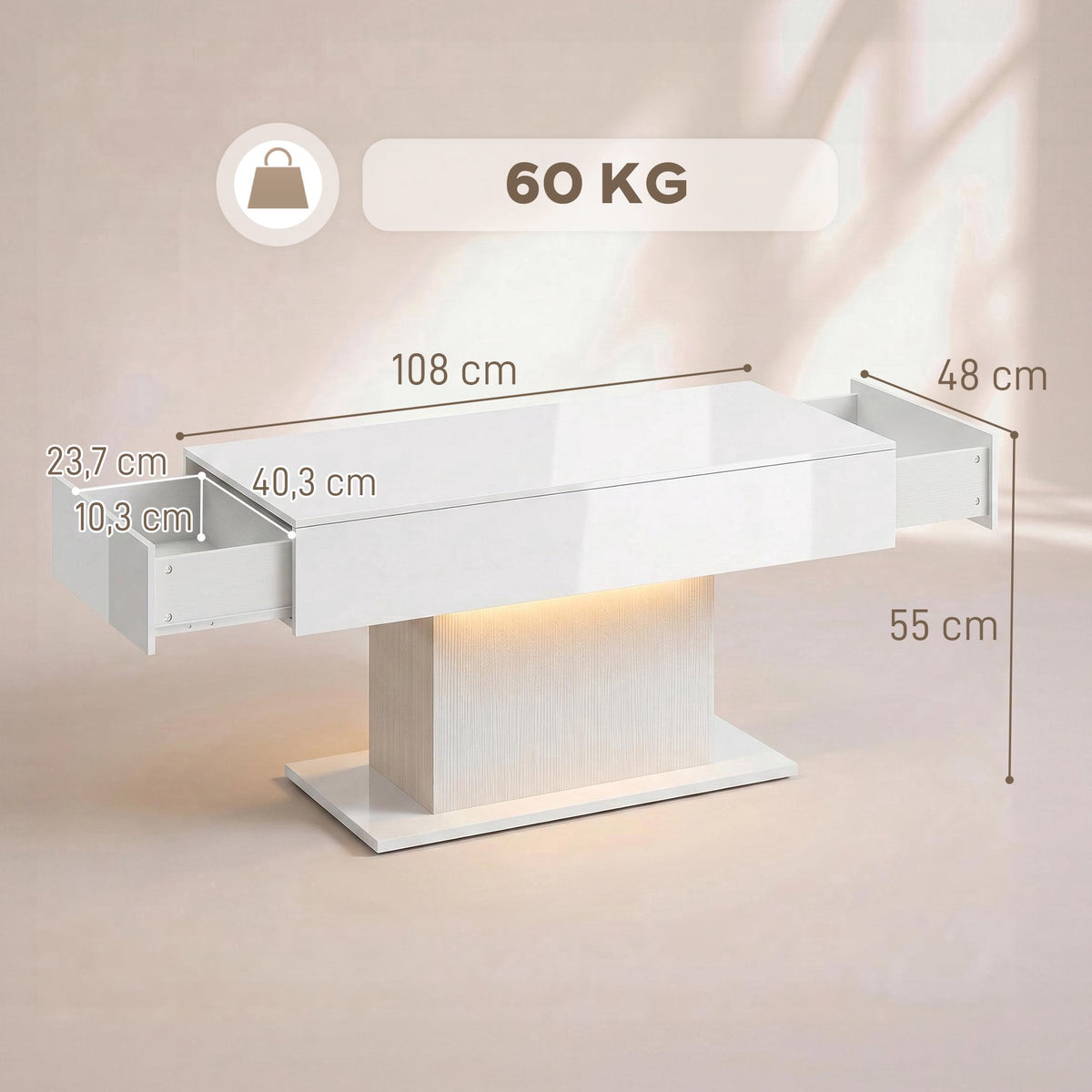 LED Coffee Table, RGB, High Gloss White, 2 Drawers
