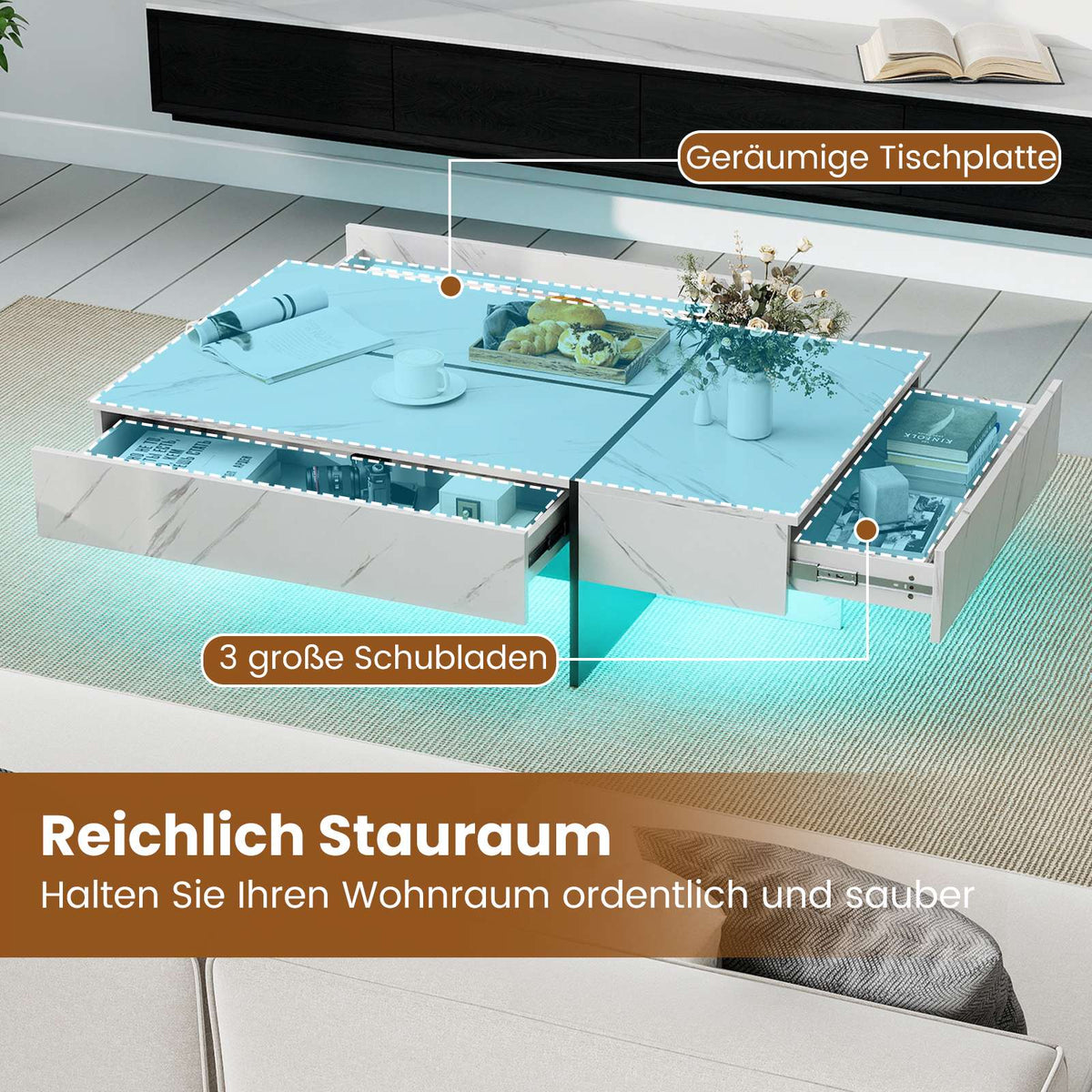 LED Coffee Table with 3 Drawers, High Gloss White