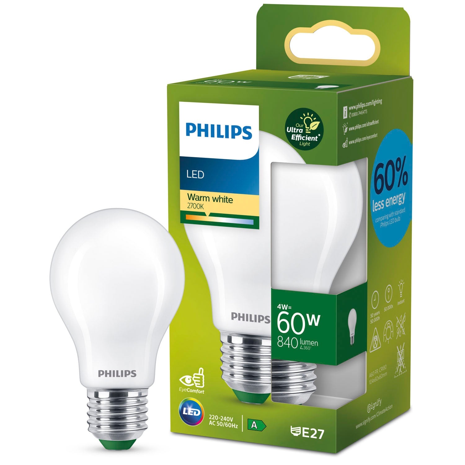 LED E27 Normal 4W (60W) Frosted 840lm 2700K Energy class A