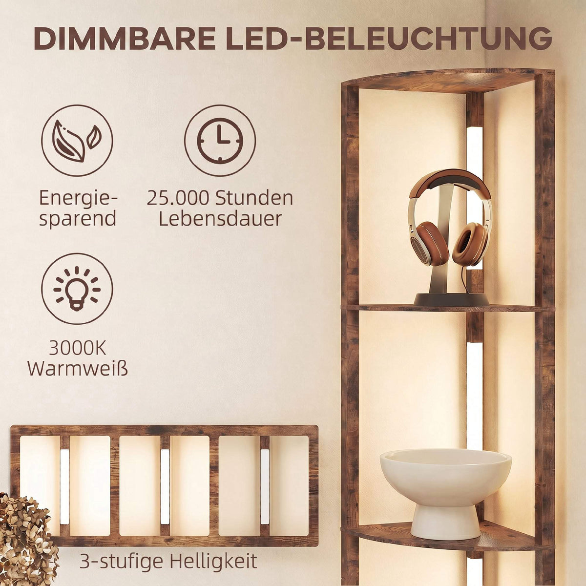 LED Floor Lamp With Shelves, Rustic Brown, Foot Switch, Dimmable