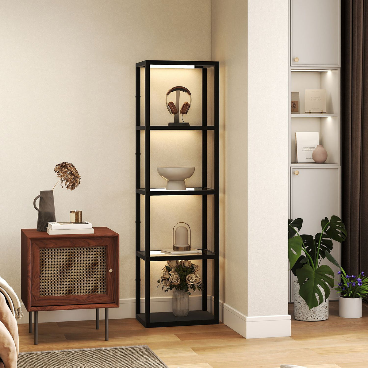 LED Floor Lamp with 4-Tier Glass Shelves, Foot Switch
