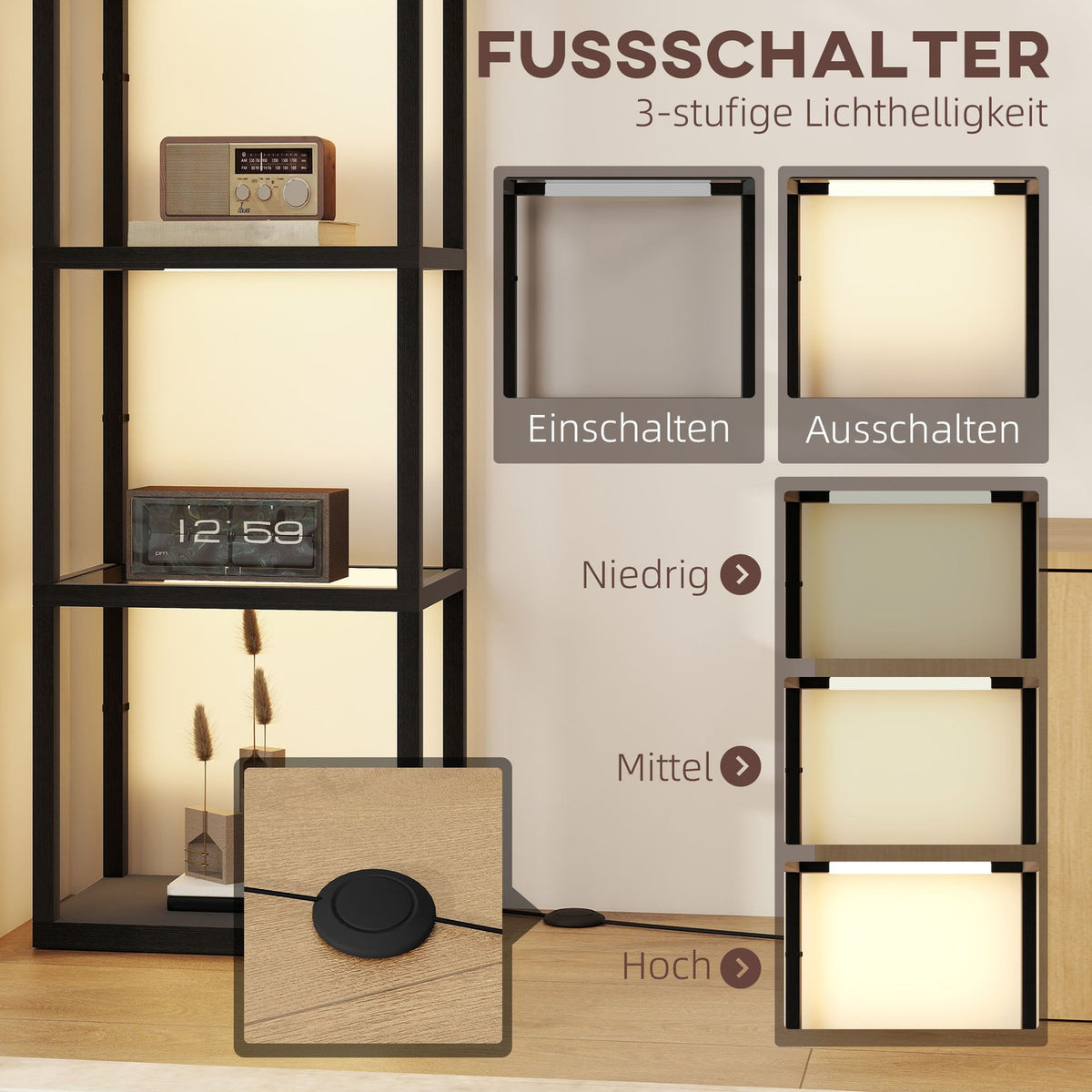LED Floor Lamp with 4-Tier Glass Shelves, Foot Switch