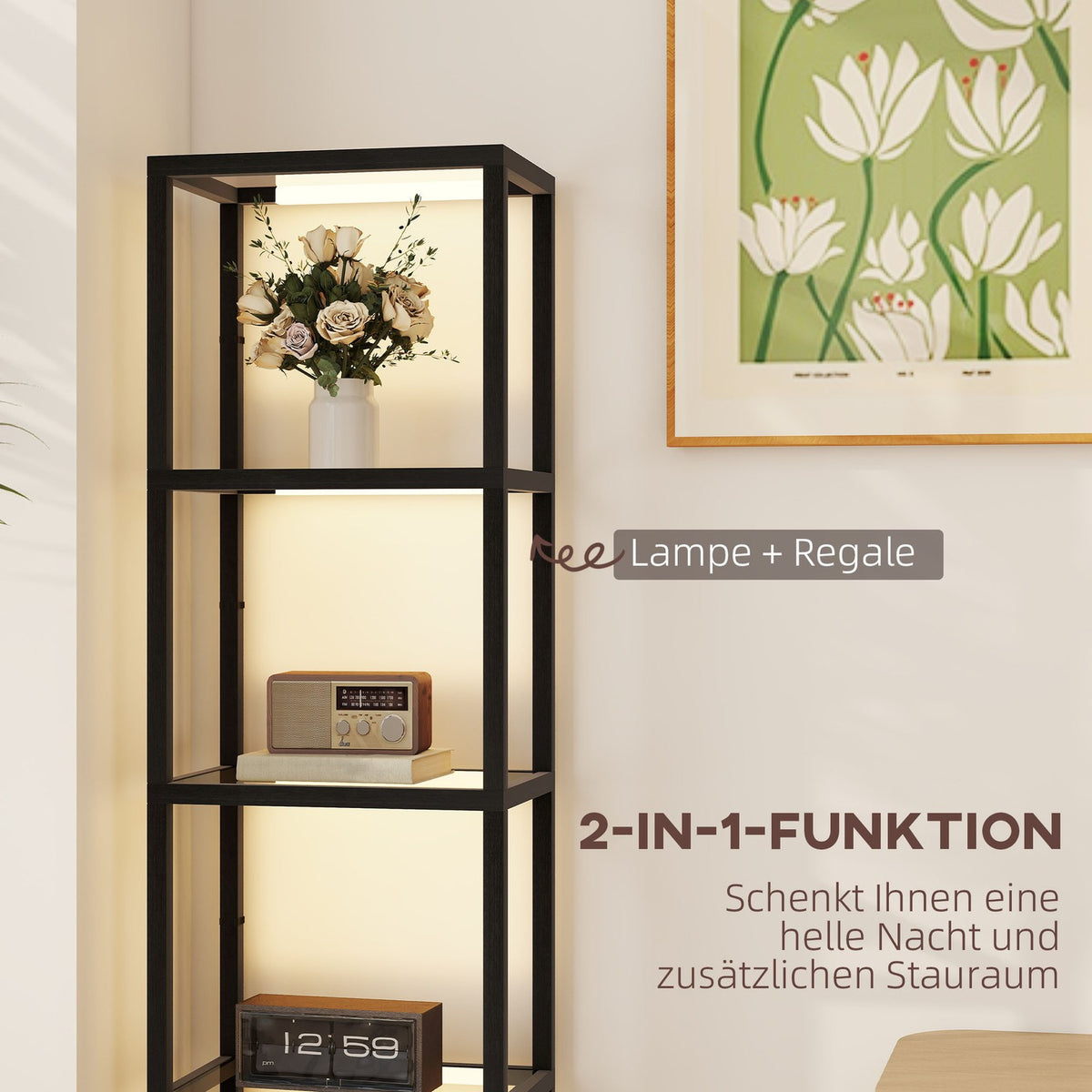 LED Floor Lamp with 4-Tier Glass Shelves, Foot Switch