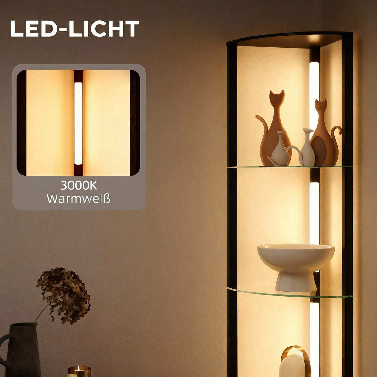 LED Floor Lamp with Shelves, Adjustable Brightness, Black