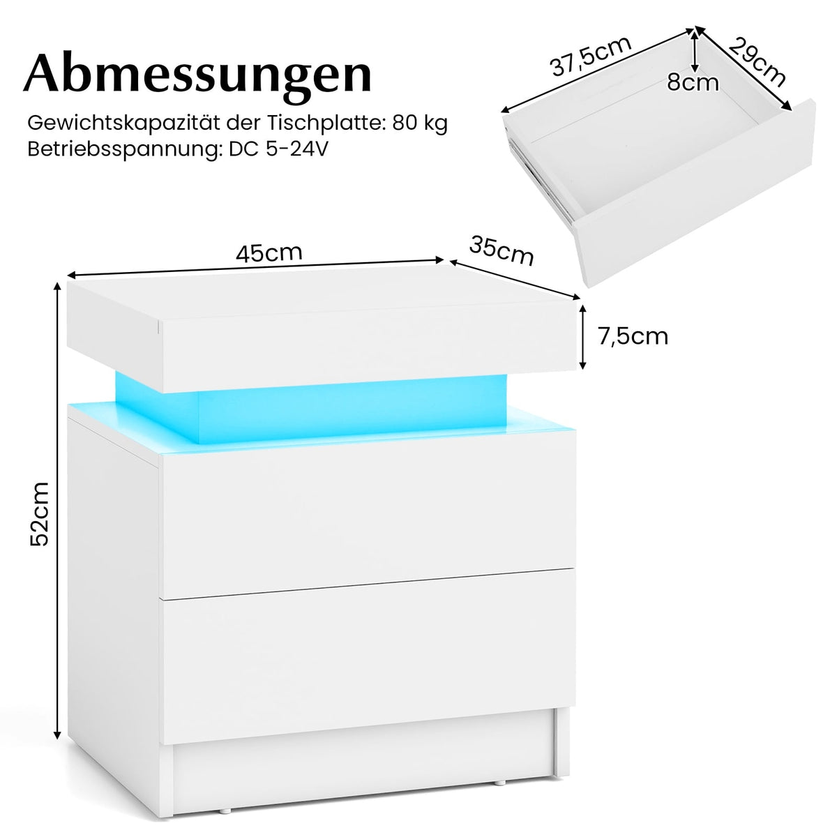 LED Nightstand with 2 Drawers, White MDF, Modern Design