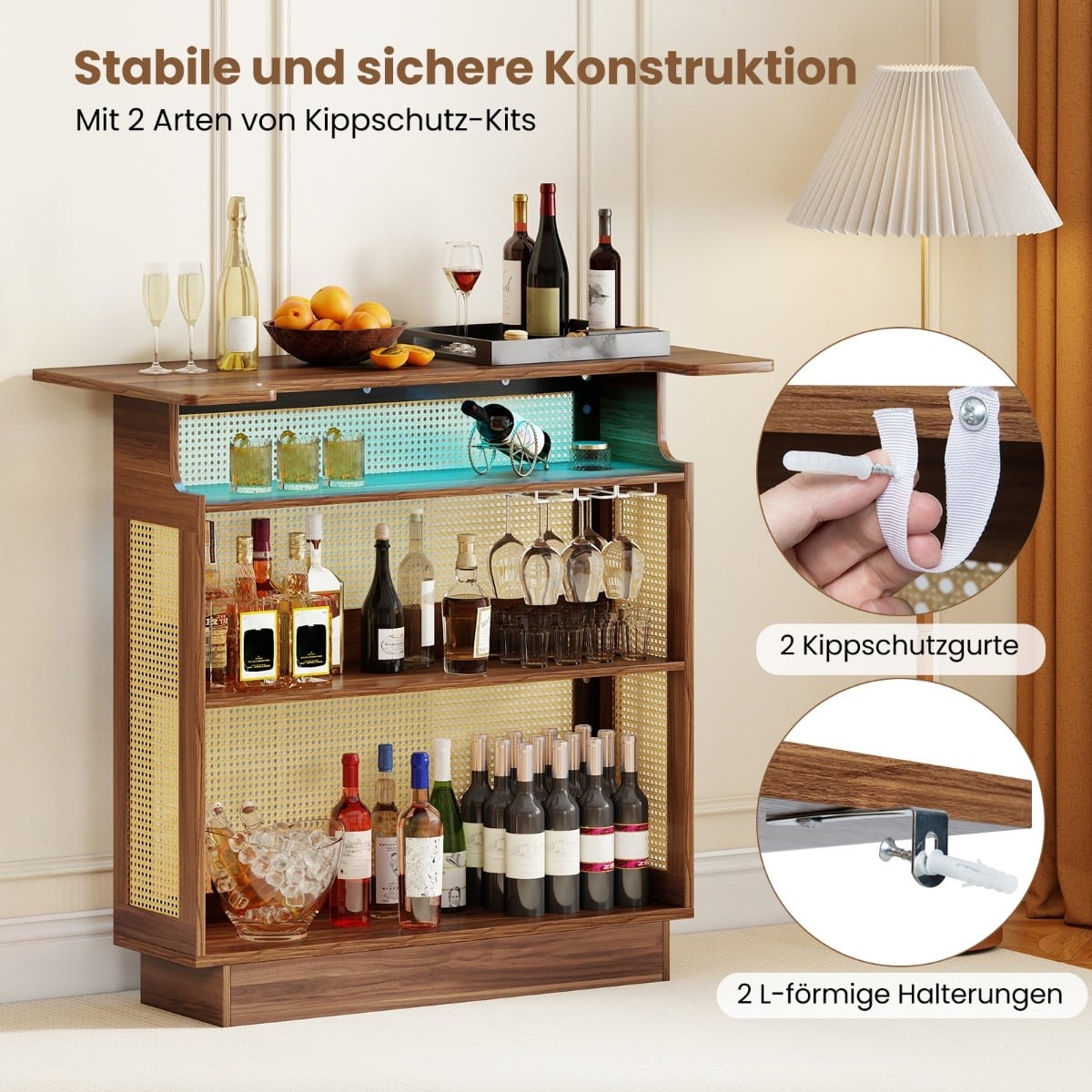 LED Rattan Home Bar with RGB Lighting & Glass Holders